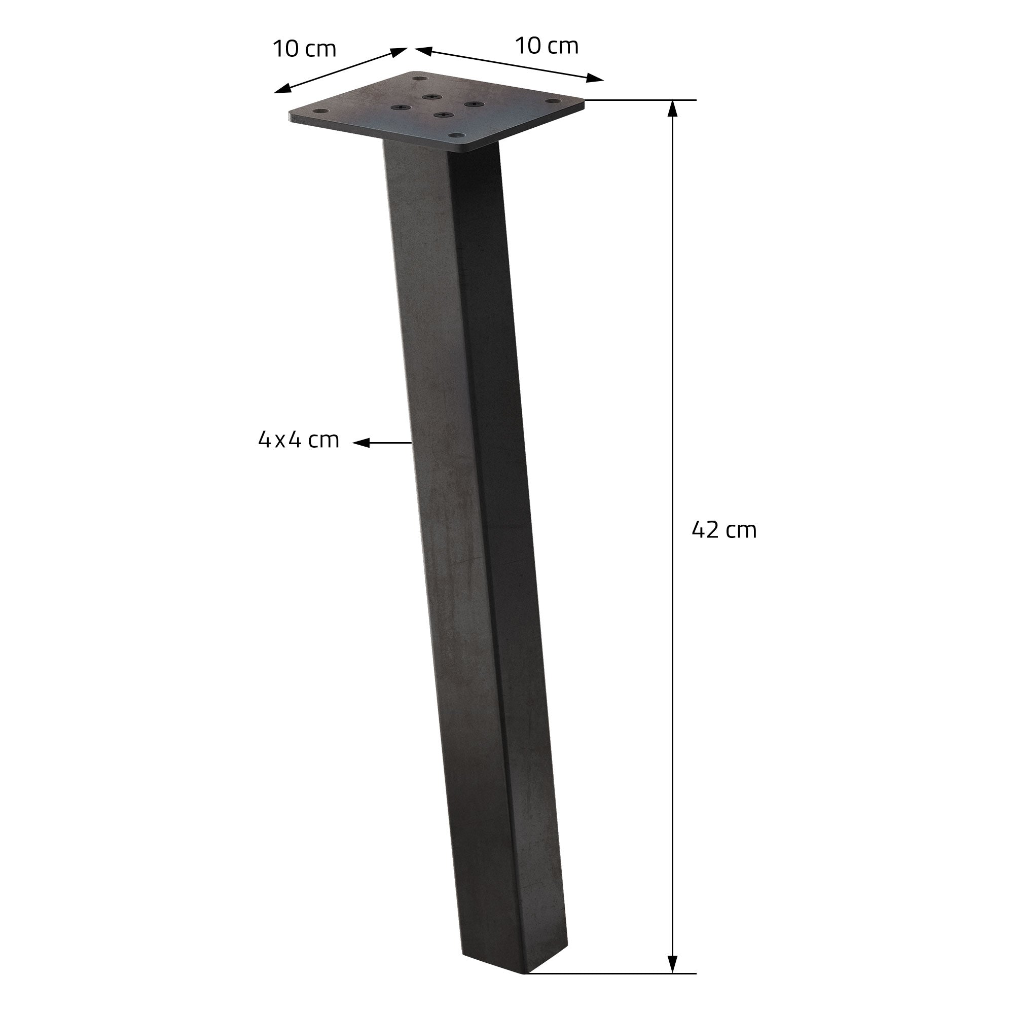 Pied de table noir avec dimensions : 10 cm x 10 cm x 42 cm.