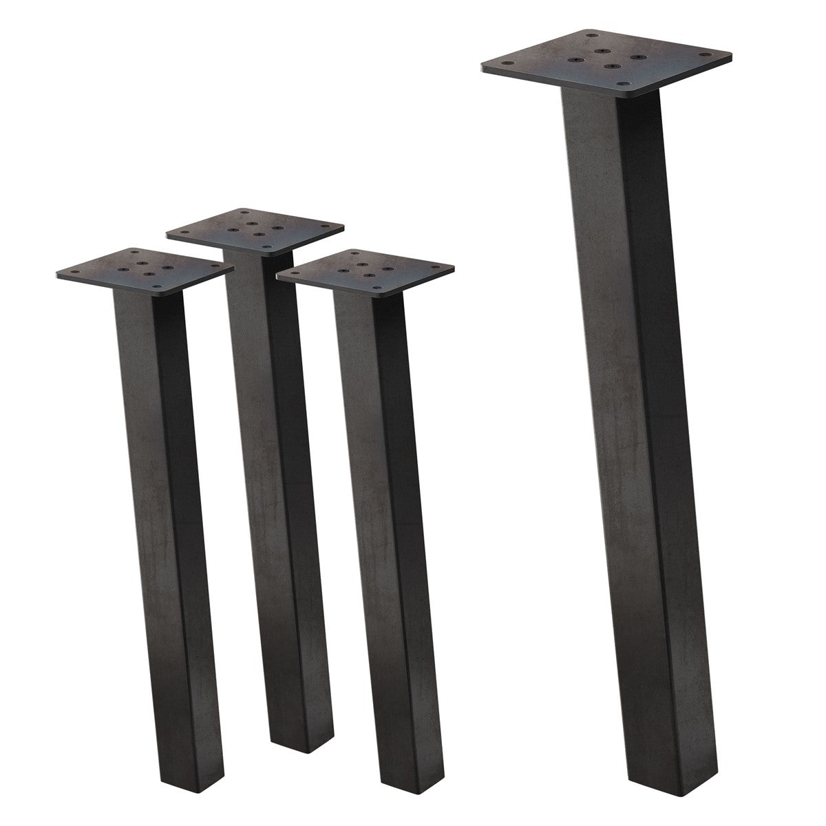 Four black table legs in different heights, with mounting plates.
