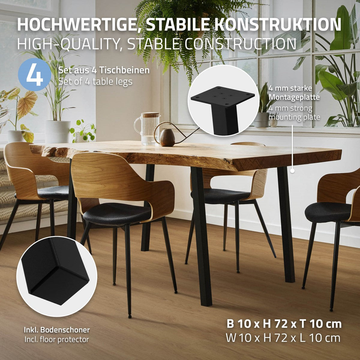 A table with four chairs and a mounting plate in a bright room.