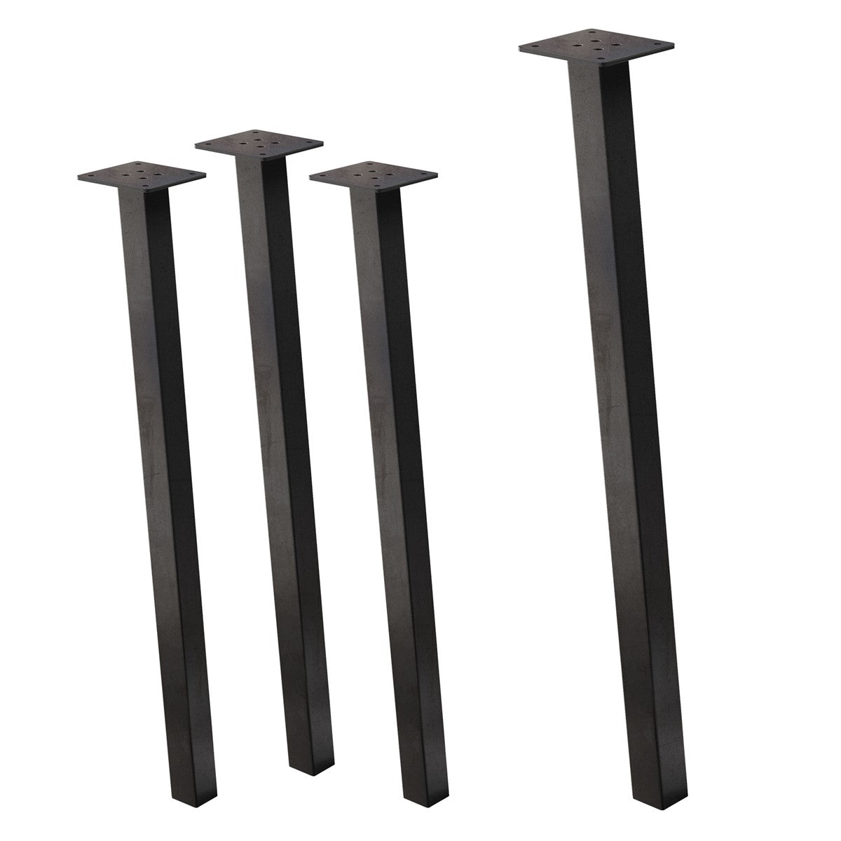 Quatre pieds de meuble noirs avec des platines de montage sur un fond blanc.