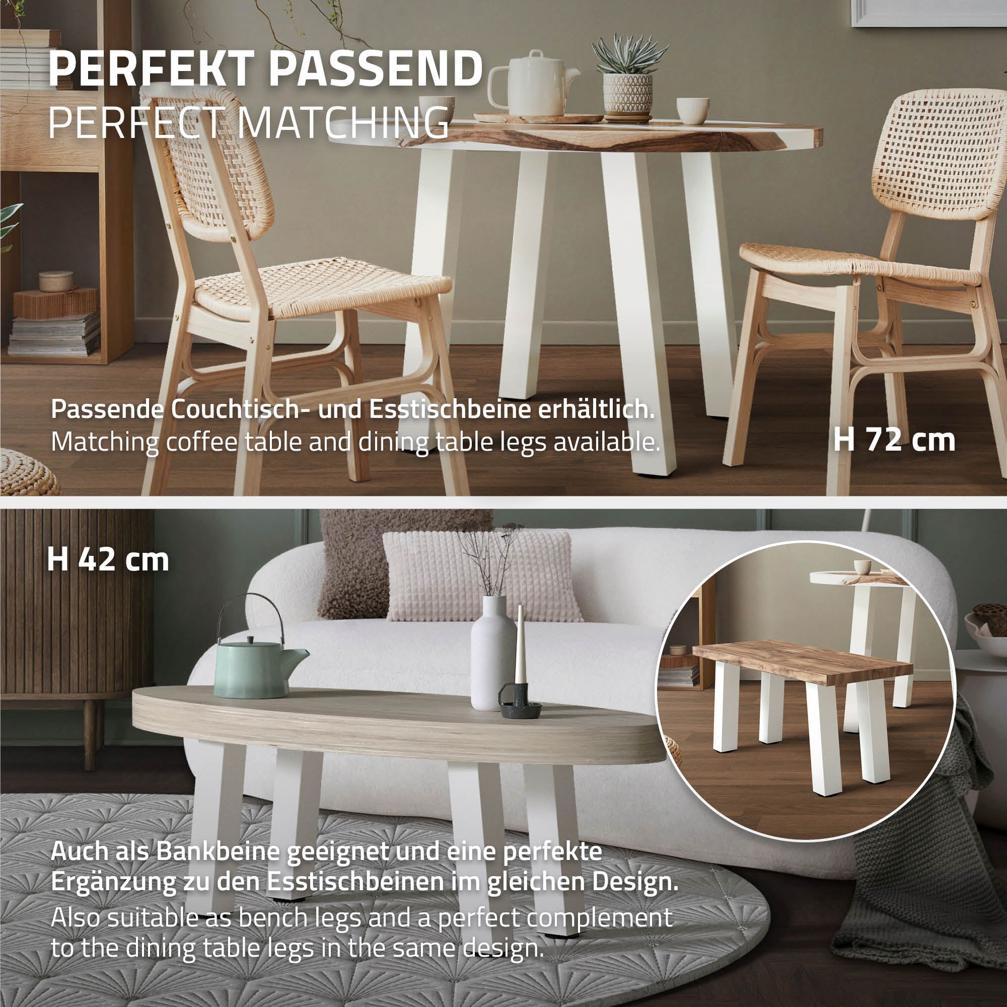 Two tables at different heights with matching chairs in a living space.