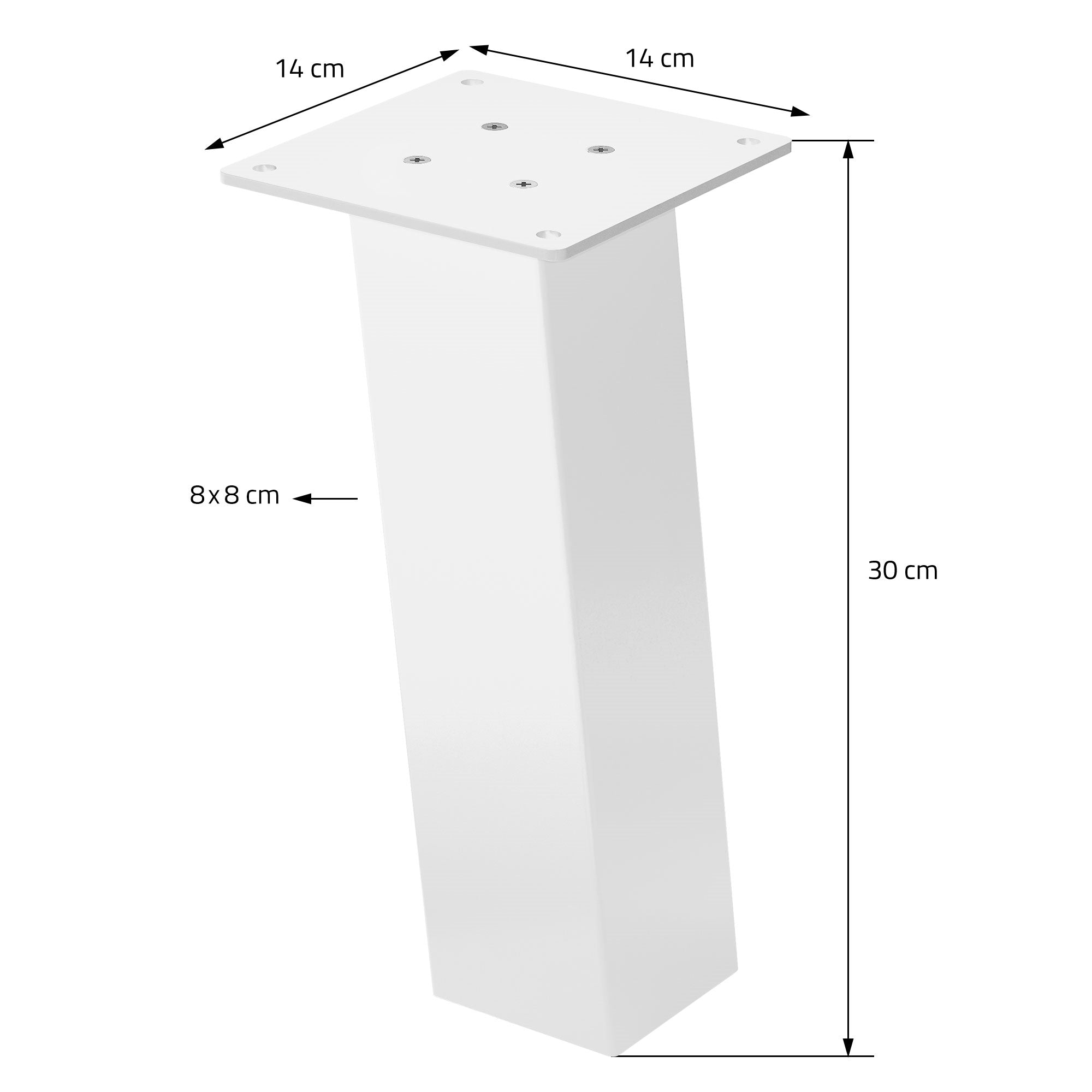 Technical drawing of a square base with dimensions and drill holes.