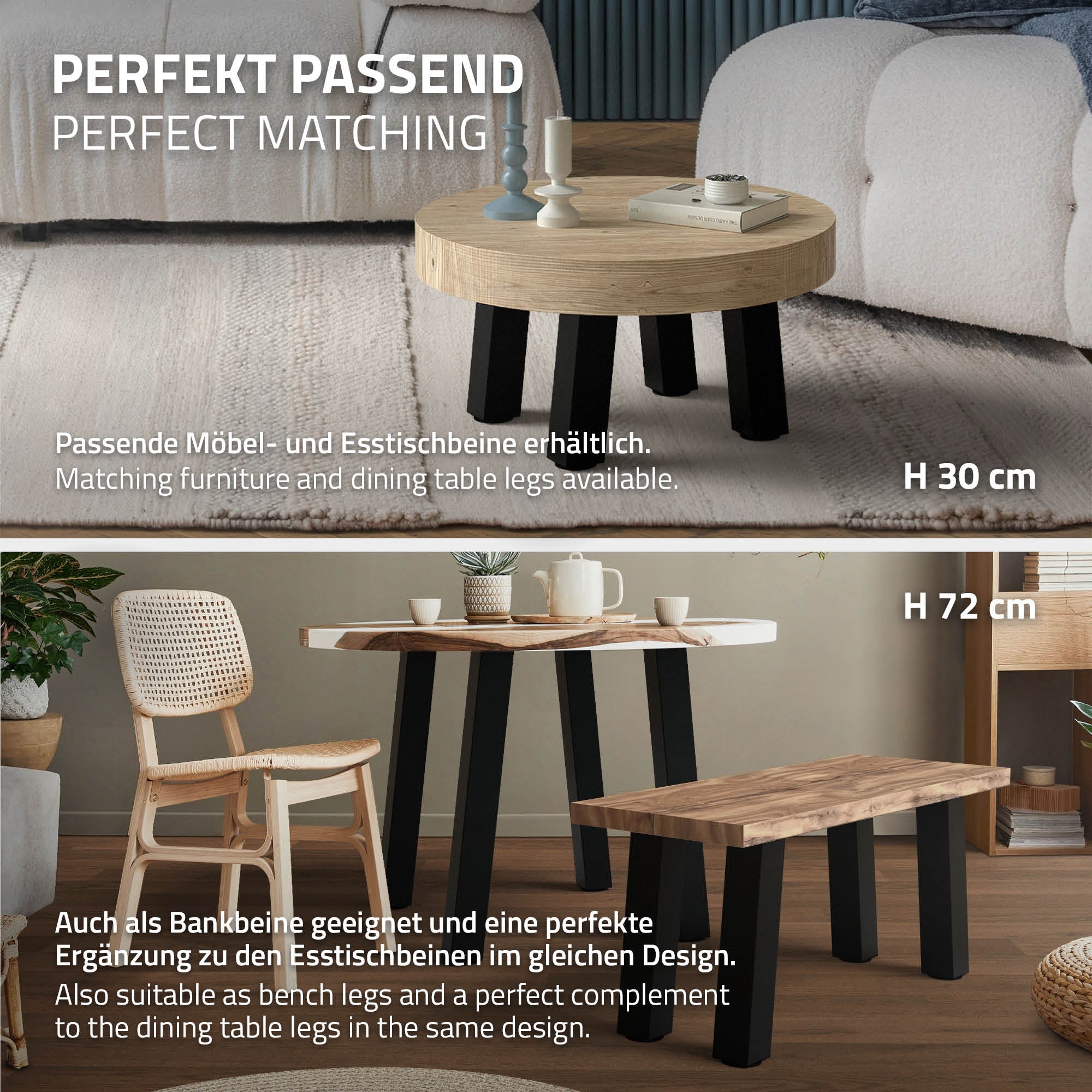 Two tables at different heights, matching chairs and benches.