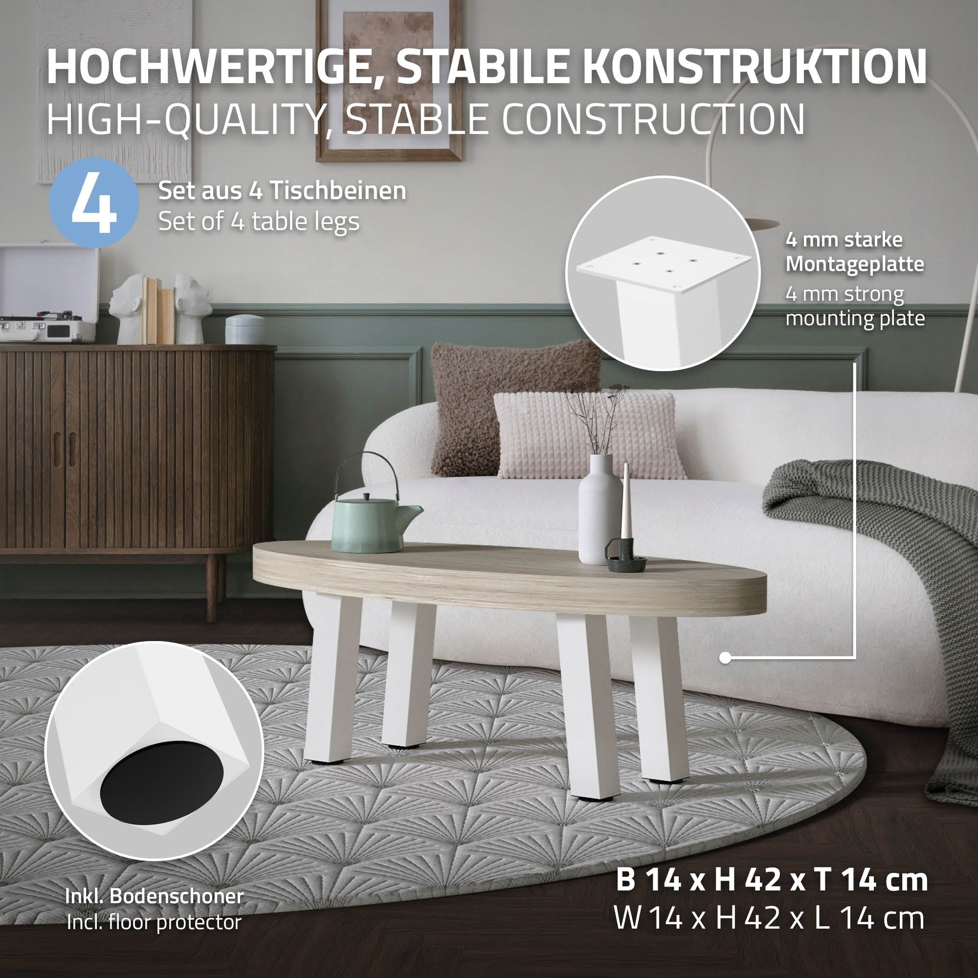 Grafika se stabilní konstrukcí nohou stolu a montážními informacemi.