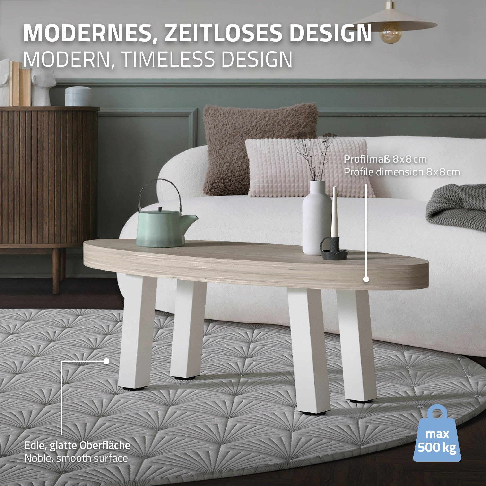 Modern table with a smooth surface and white legs.