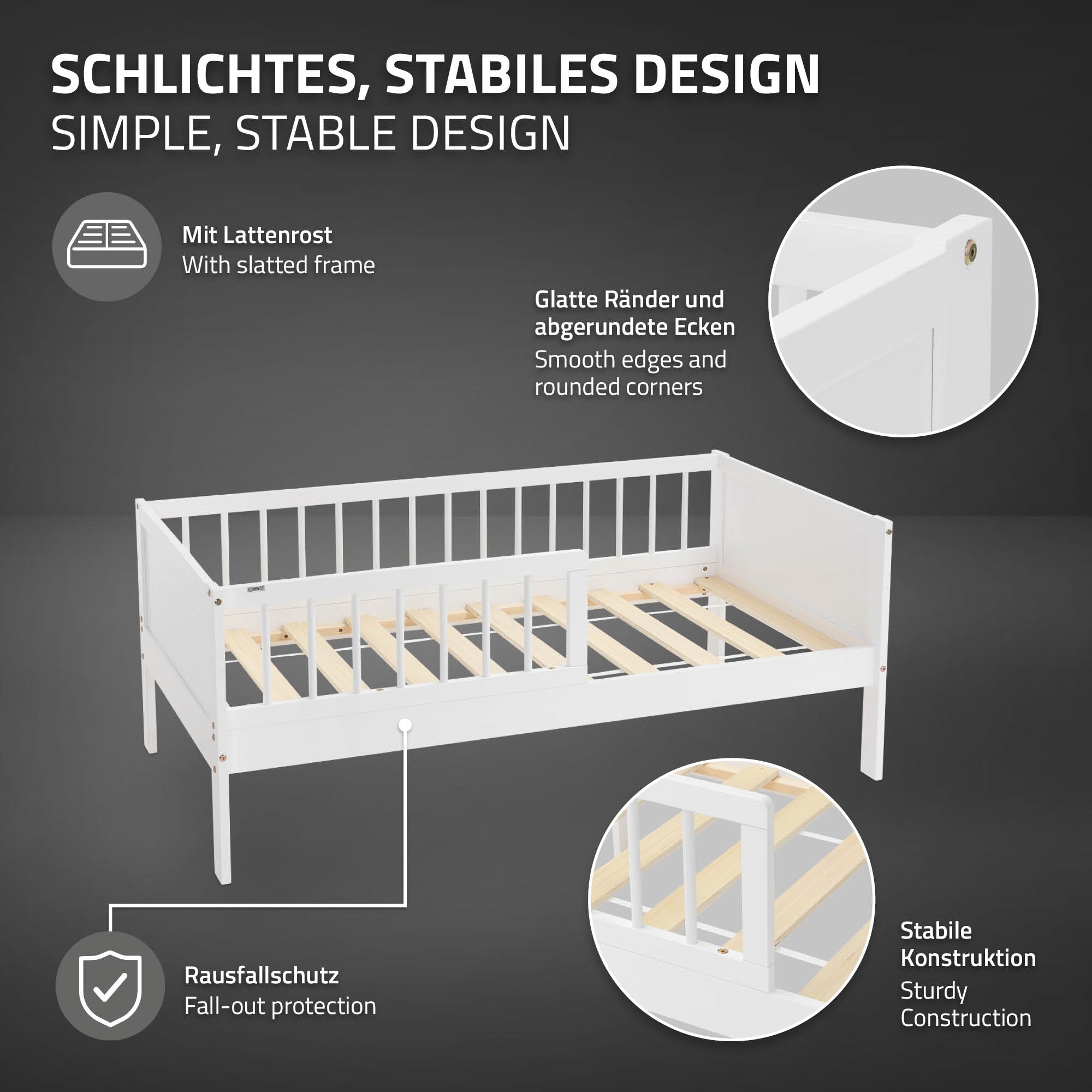 Holz-Kinderbett mit glatten Kanten und stabiler Konstruktion.
