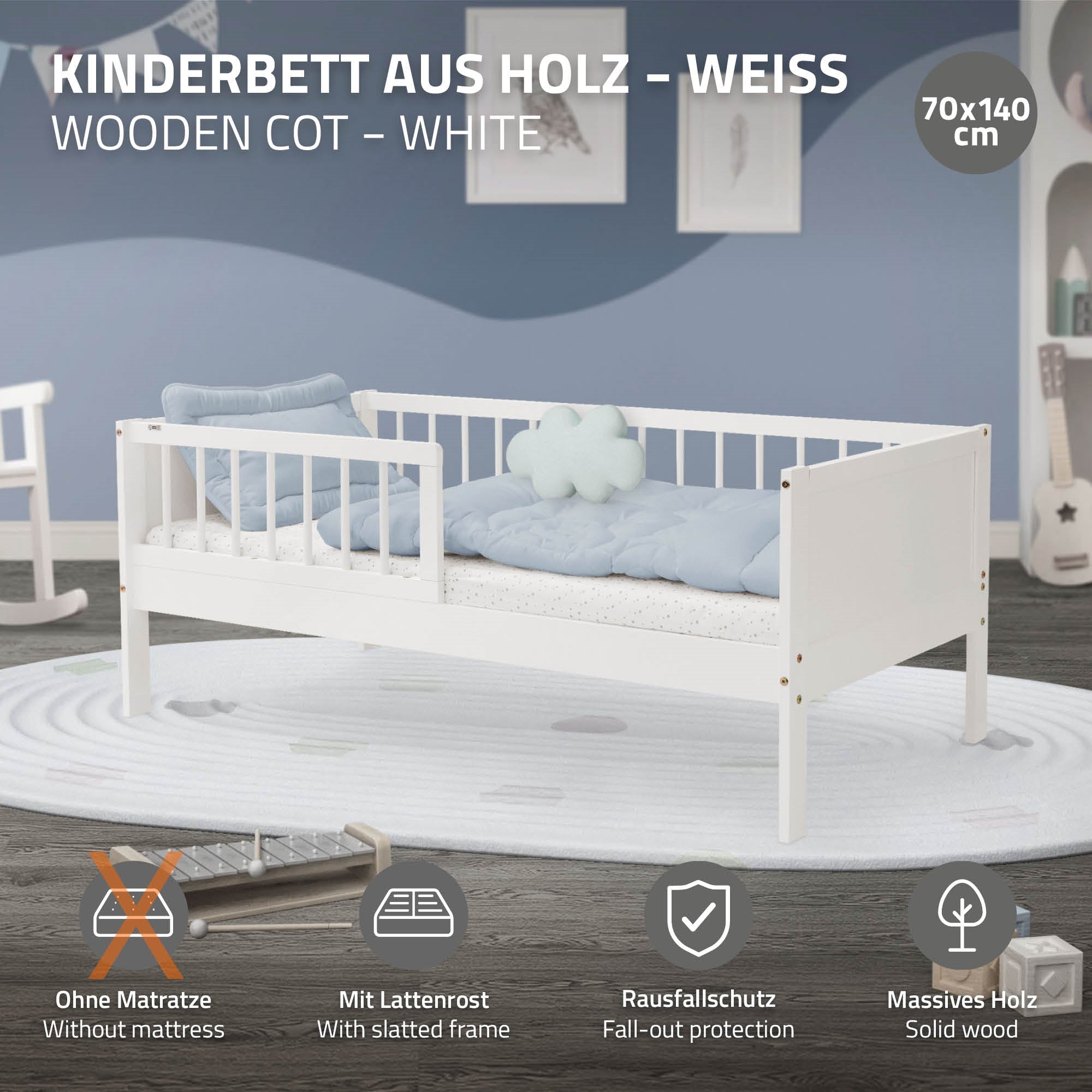 White children's bed with blue pillows and without mattress.