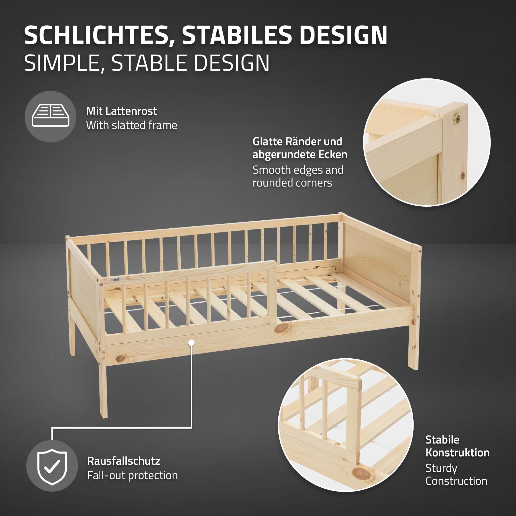 Ein einfaches, stabiles Bett mit glatten Kanten und abgerundeten Ecken.