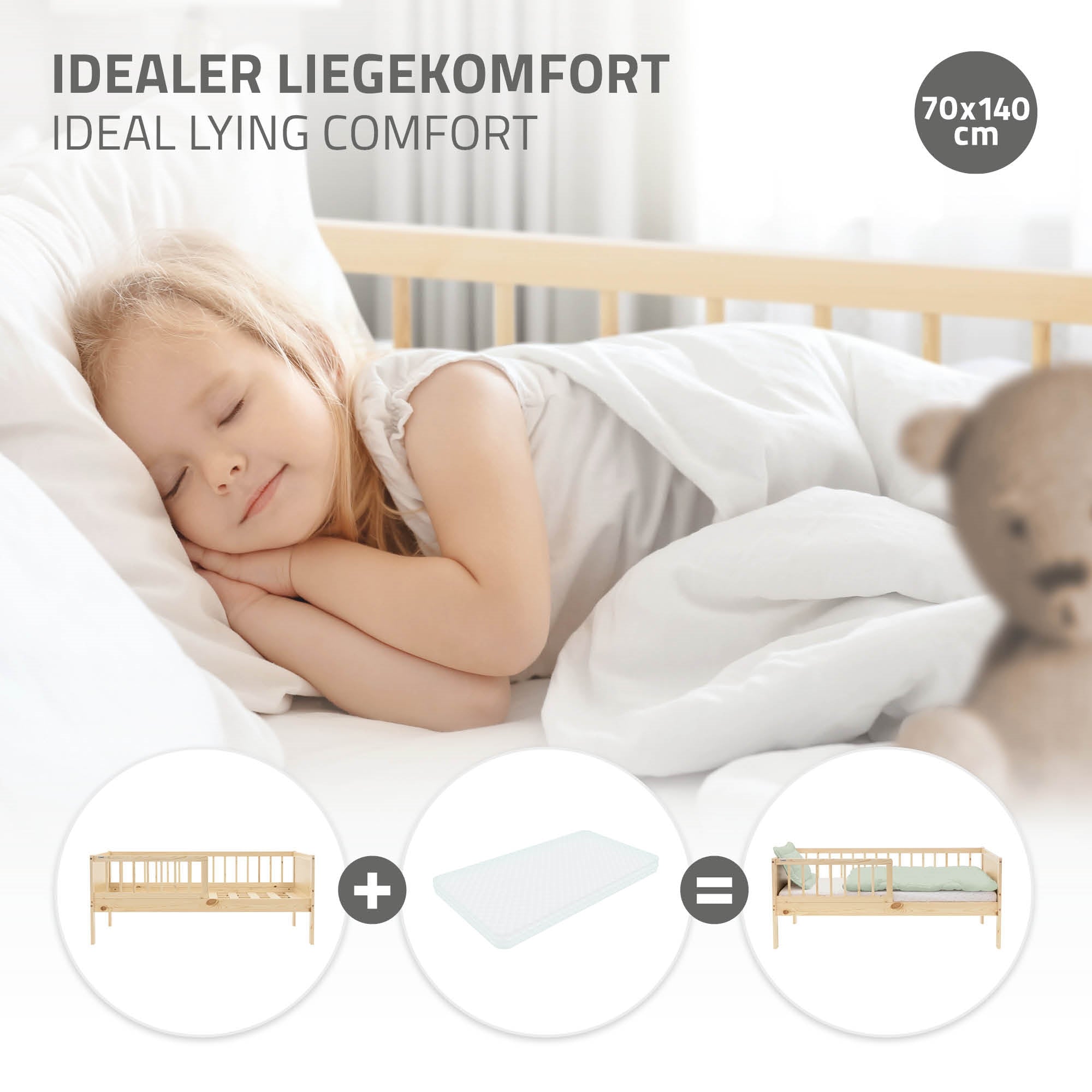 Sleeping child in a bed with white bedding and a stuffed animal.