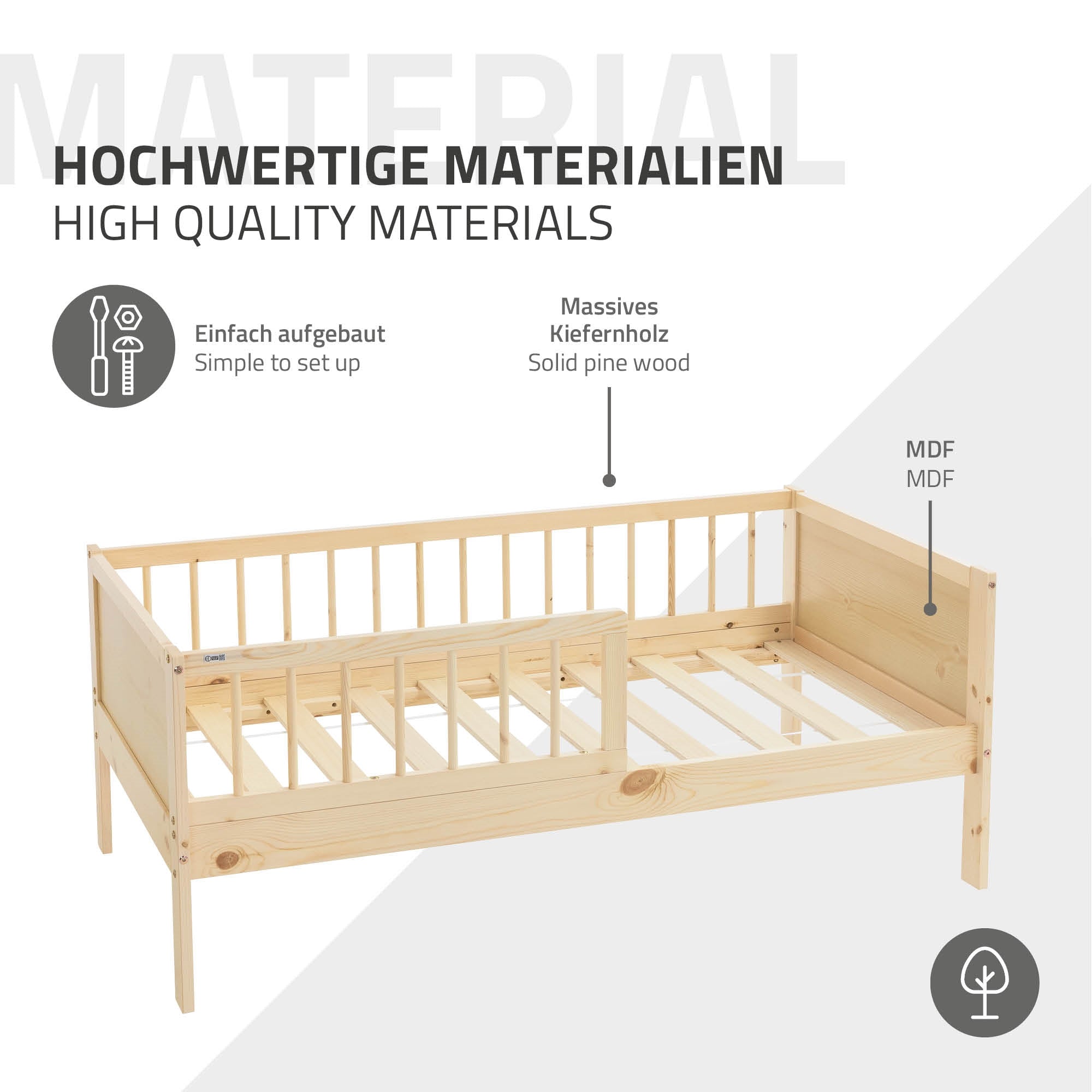 Holzbett aus Kiefernholz mit Gitter und Matratze, einfache Montage.