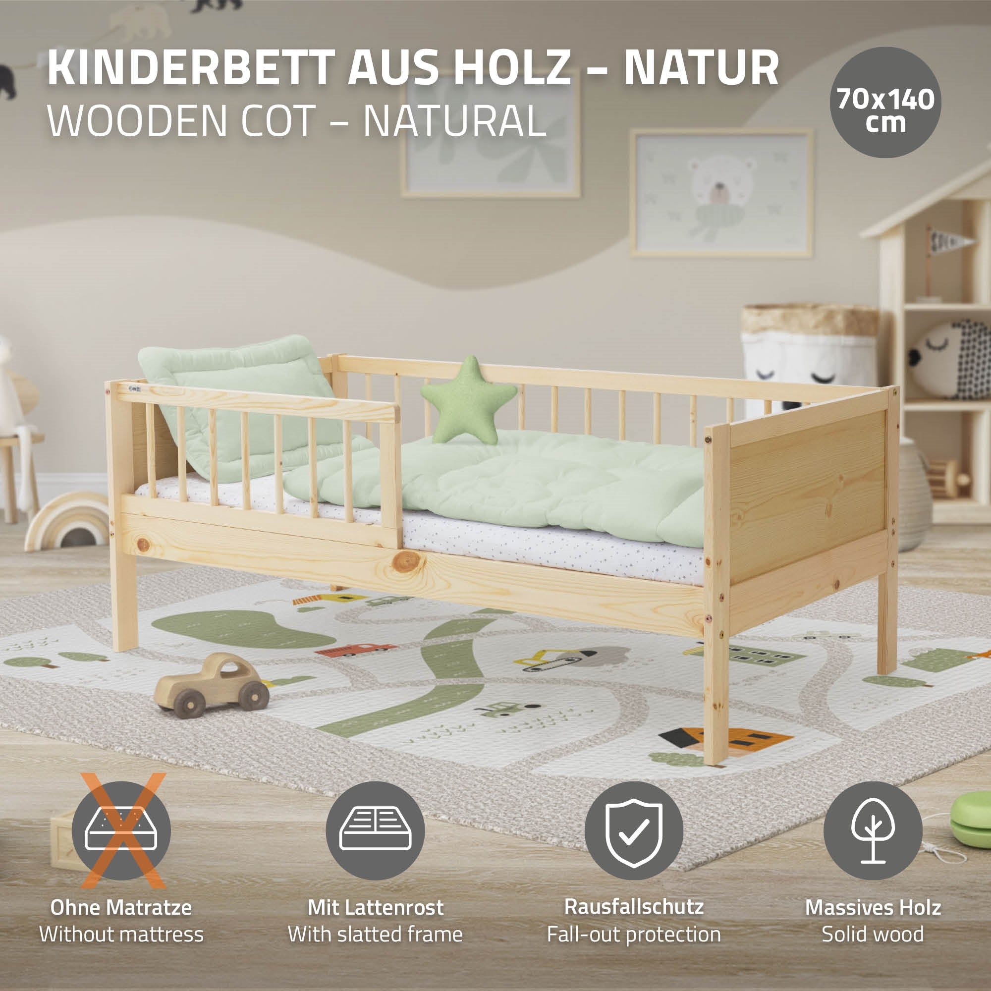 Natural wood color children's bed with mattress and fall protection.