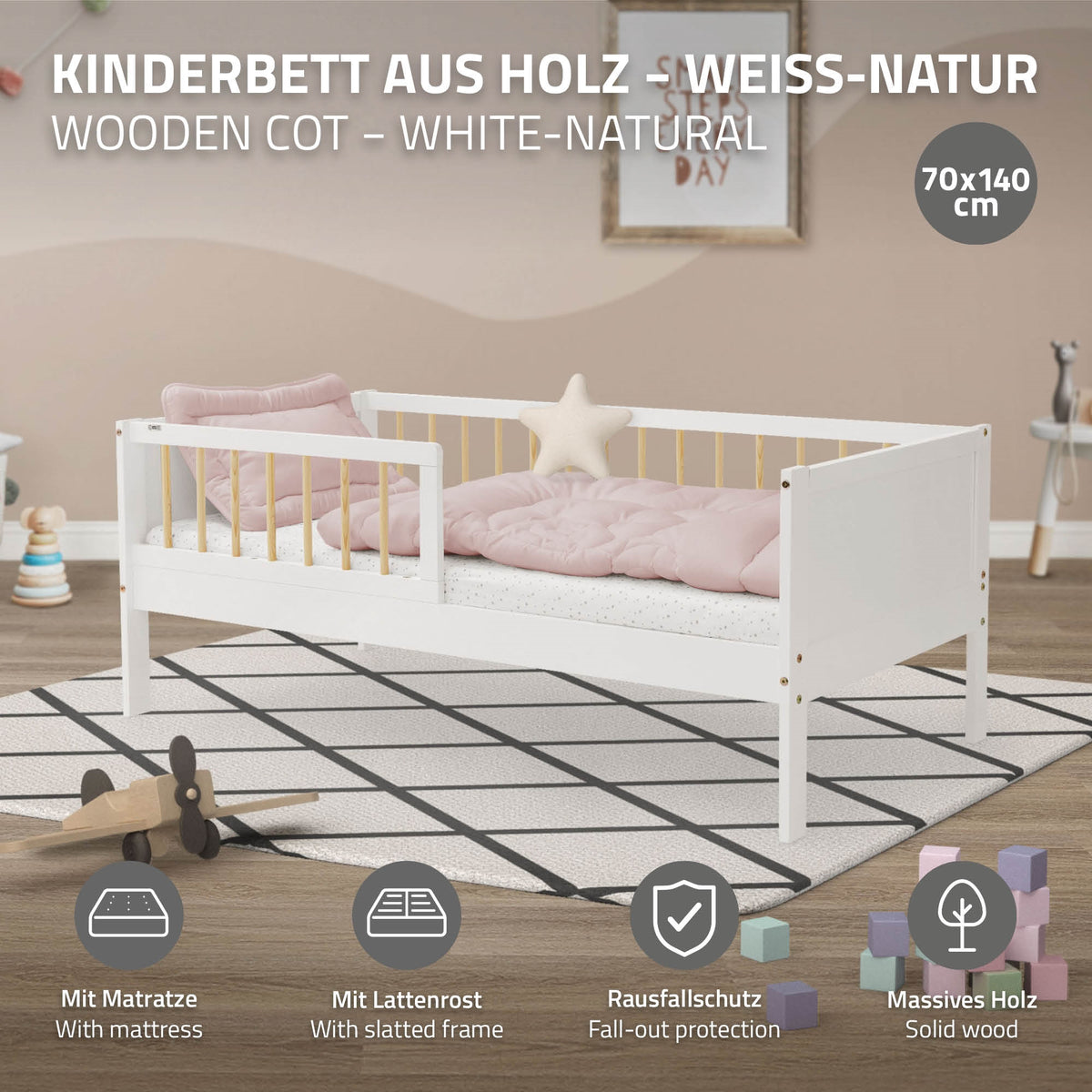 Holz-Kinderbett in Weiß-Natur mit Matratze und Rausfallschutz.