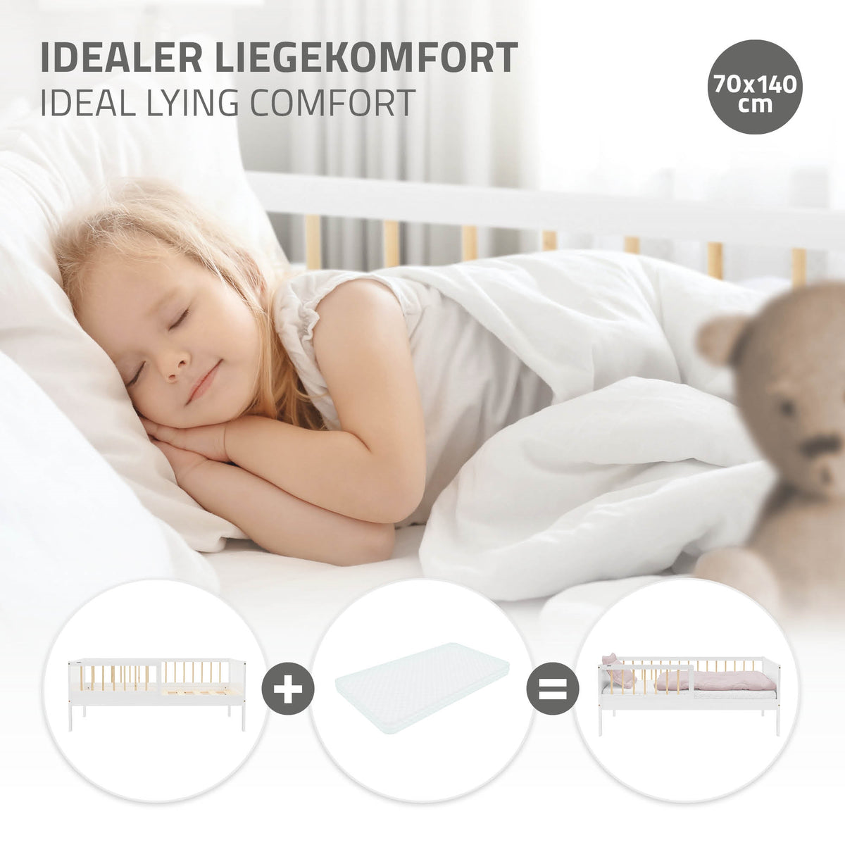Ein schlafendes Kind in einem Bett mit Kissen und Decke.