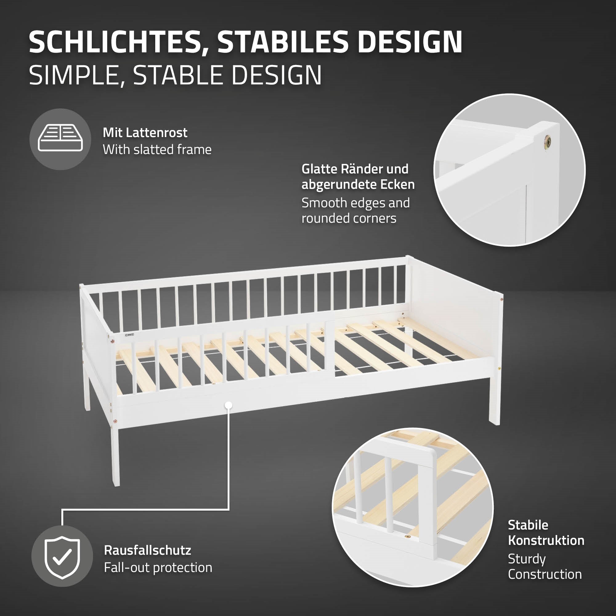 Bett mit Lattenrost, glatten Rändern und abgerundeten Ecken.