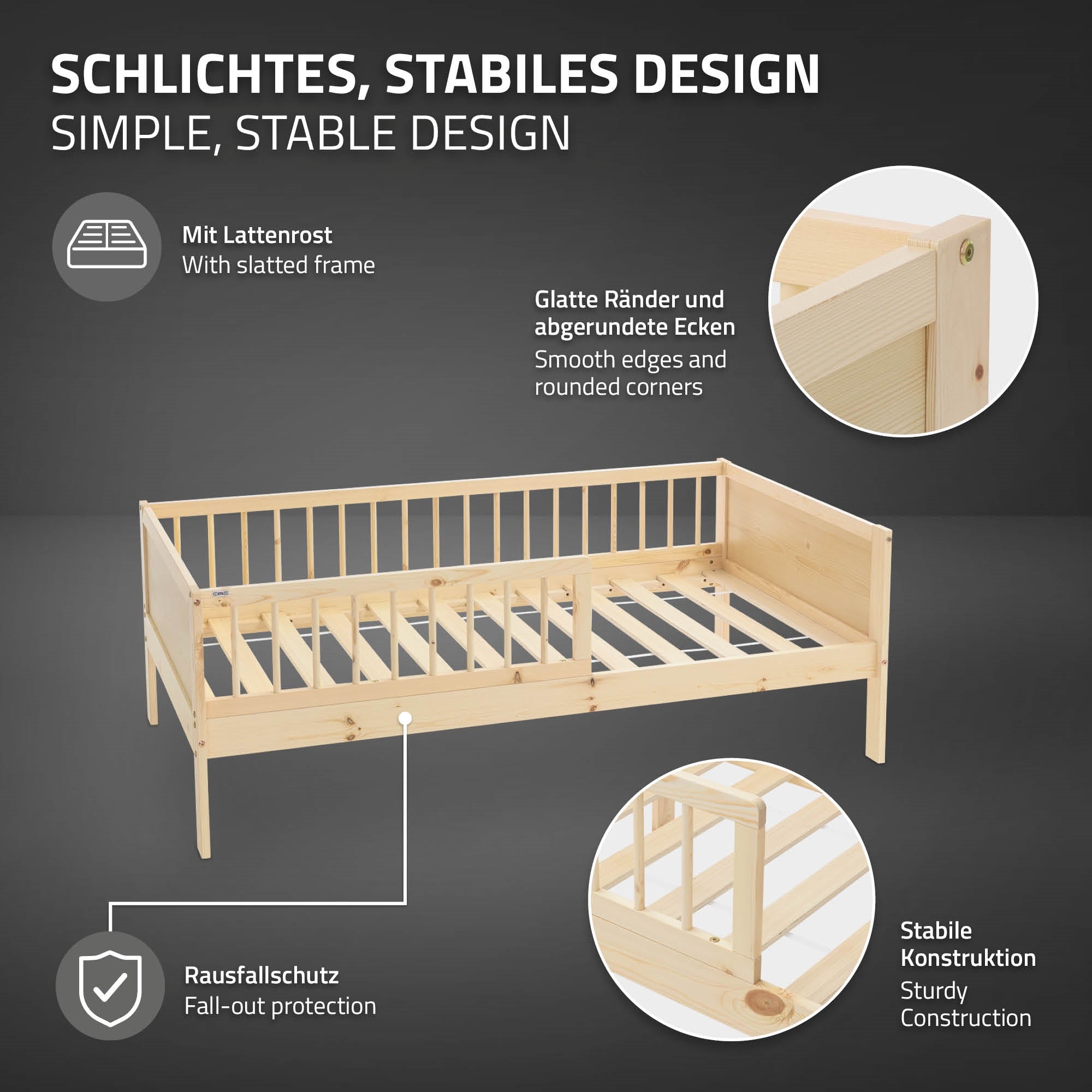 Illustratie van een stevig kinderbed met valbeveiliging en afgeronde hoeken.