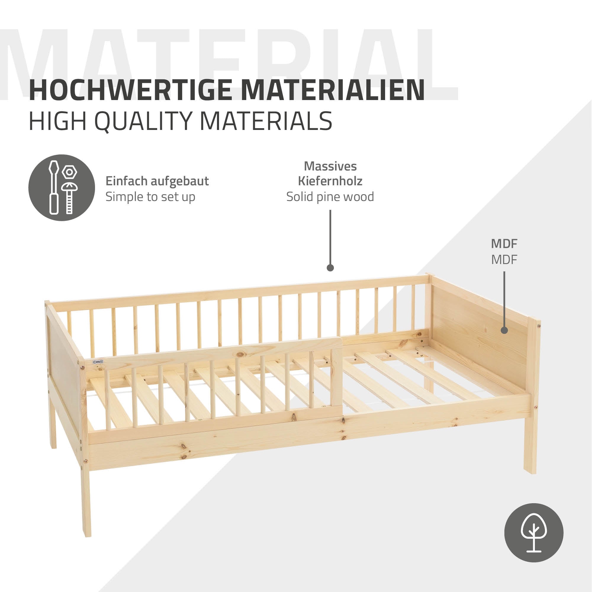 Detailweergave van een kinderbed van massief grenenhout met tekstbeschrijving.