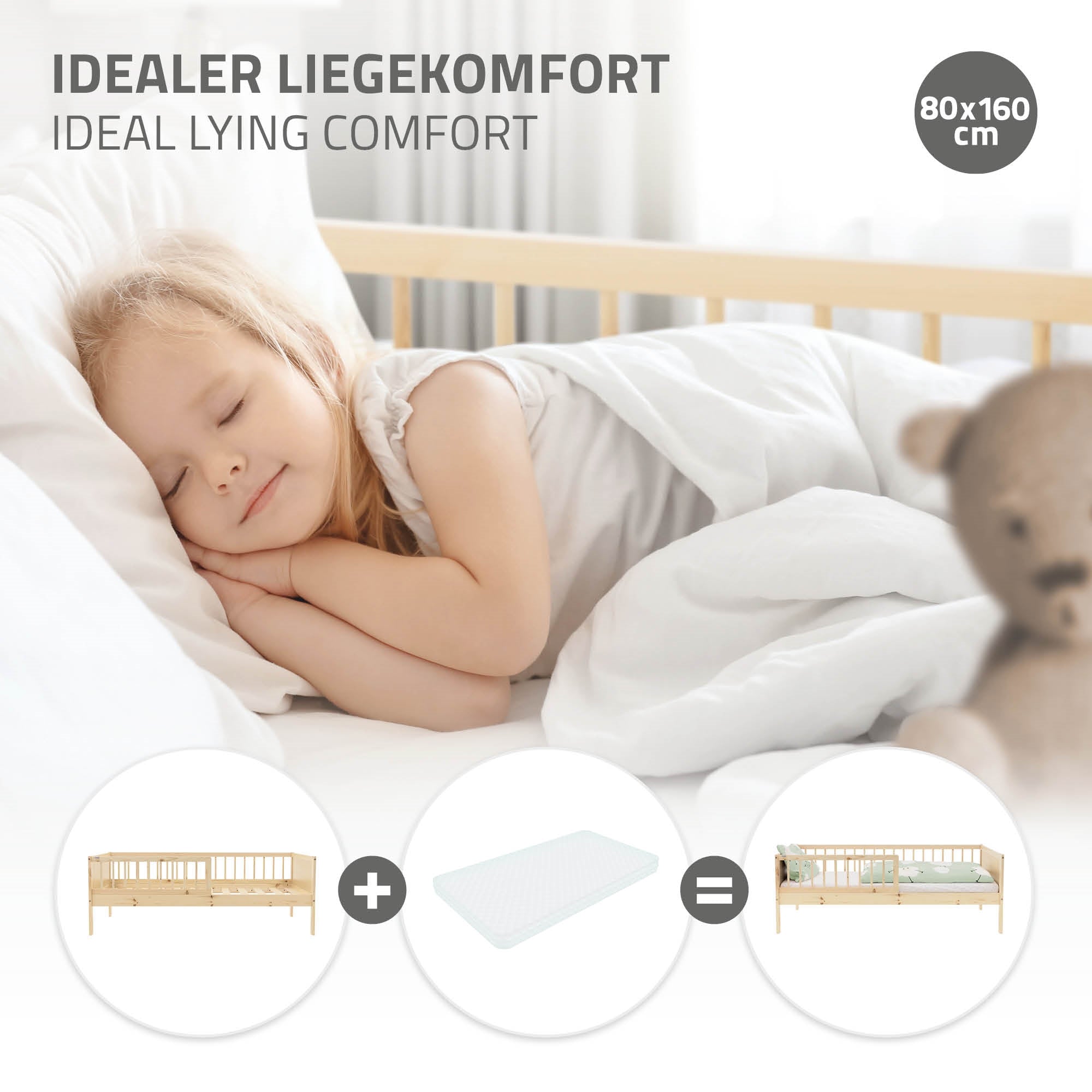 Ein schlafendes Kind in einem Bett mit einer Matratze und einem Stofftier.