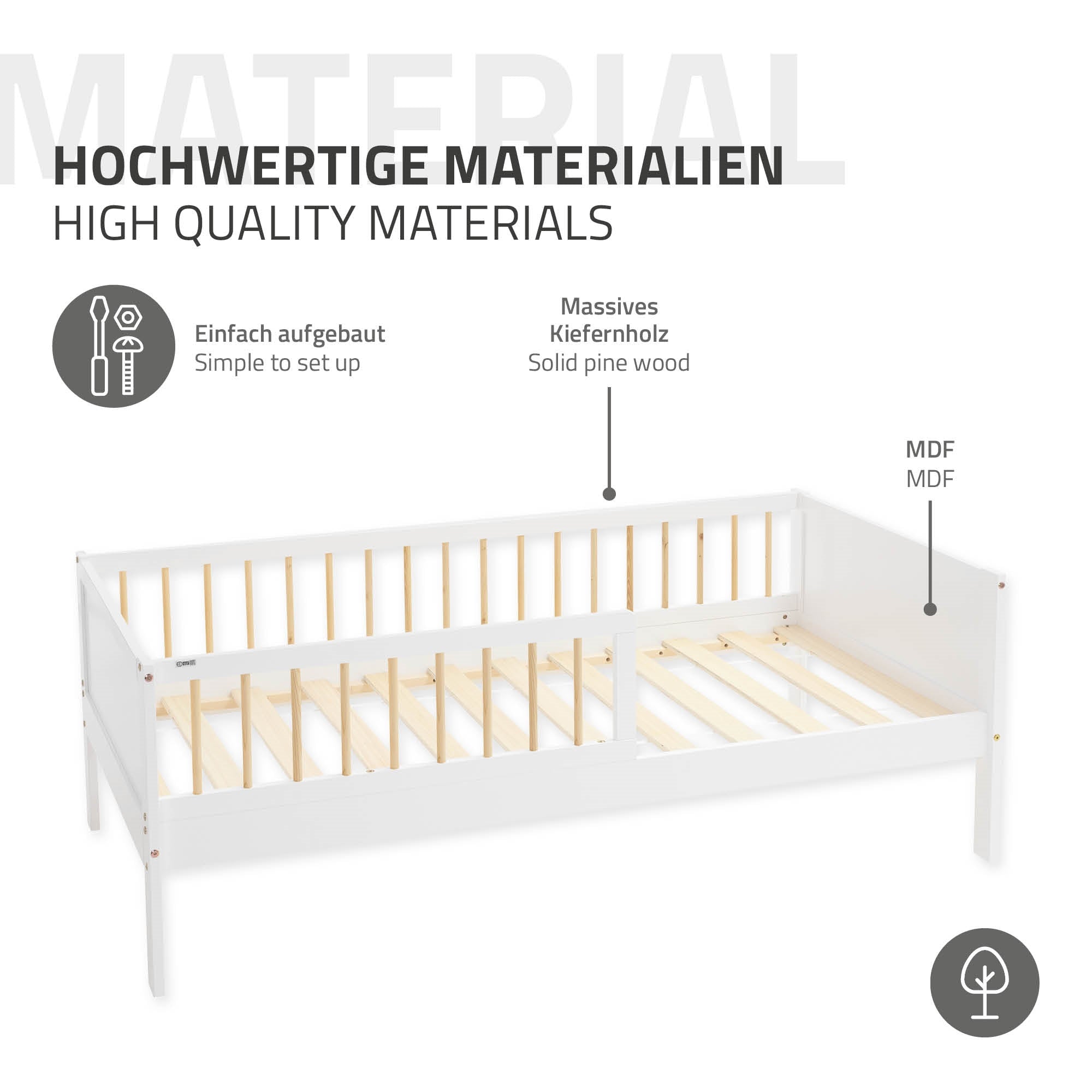 Bed van massief grenenhout met MDF, eenvoudig op te bouwen.