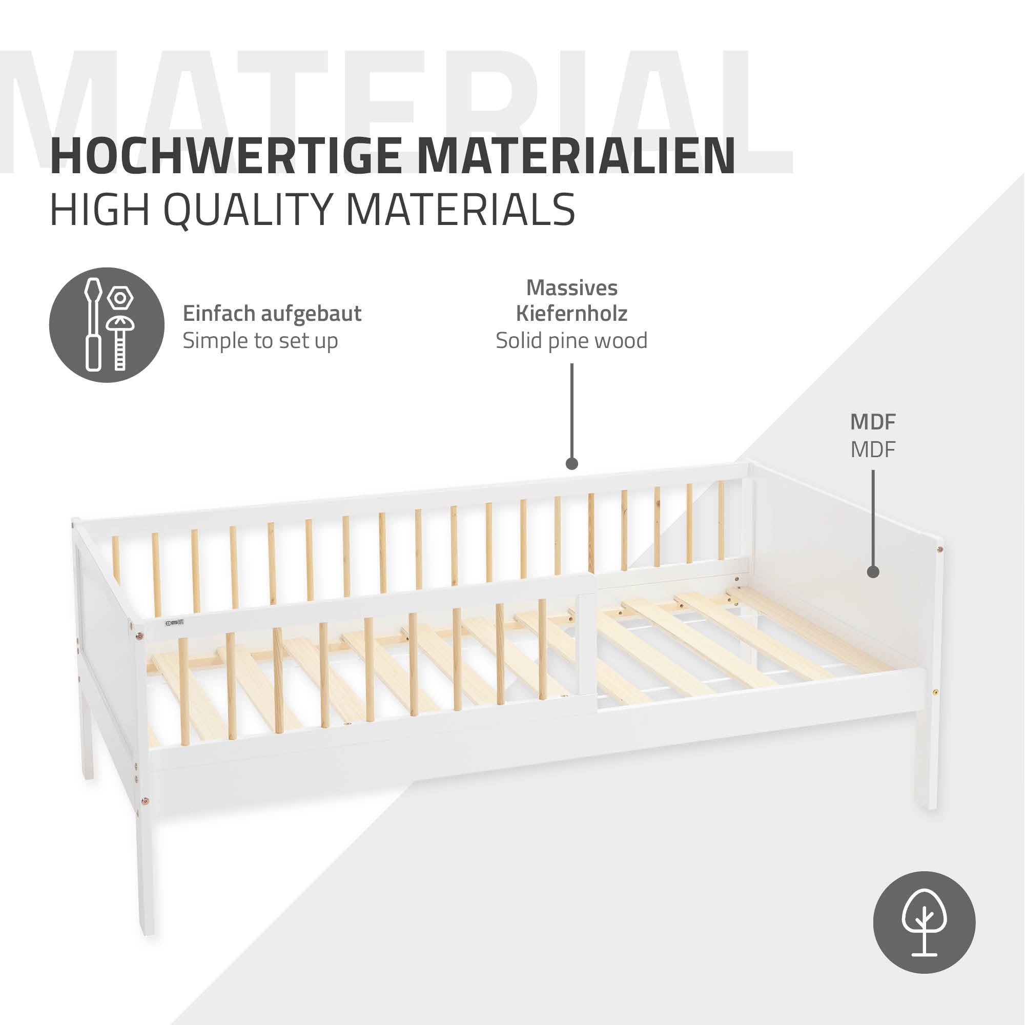 Bett aus massivem Kiefernholz mit MDF, einfach aufzubauen.