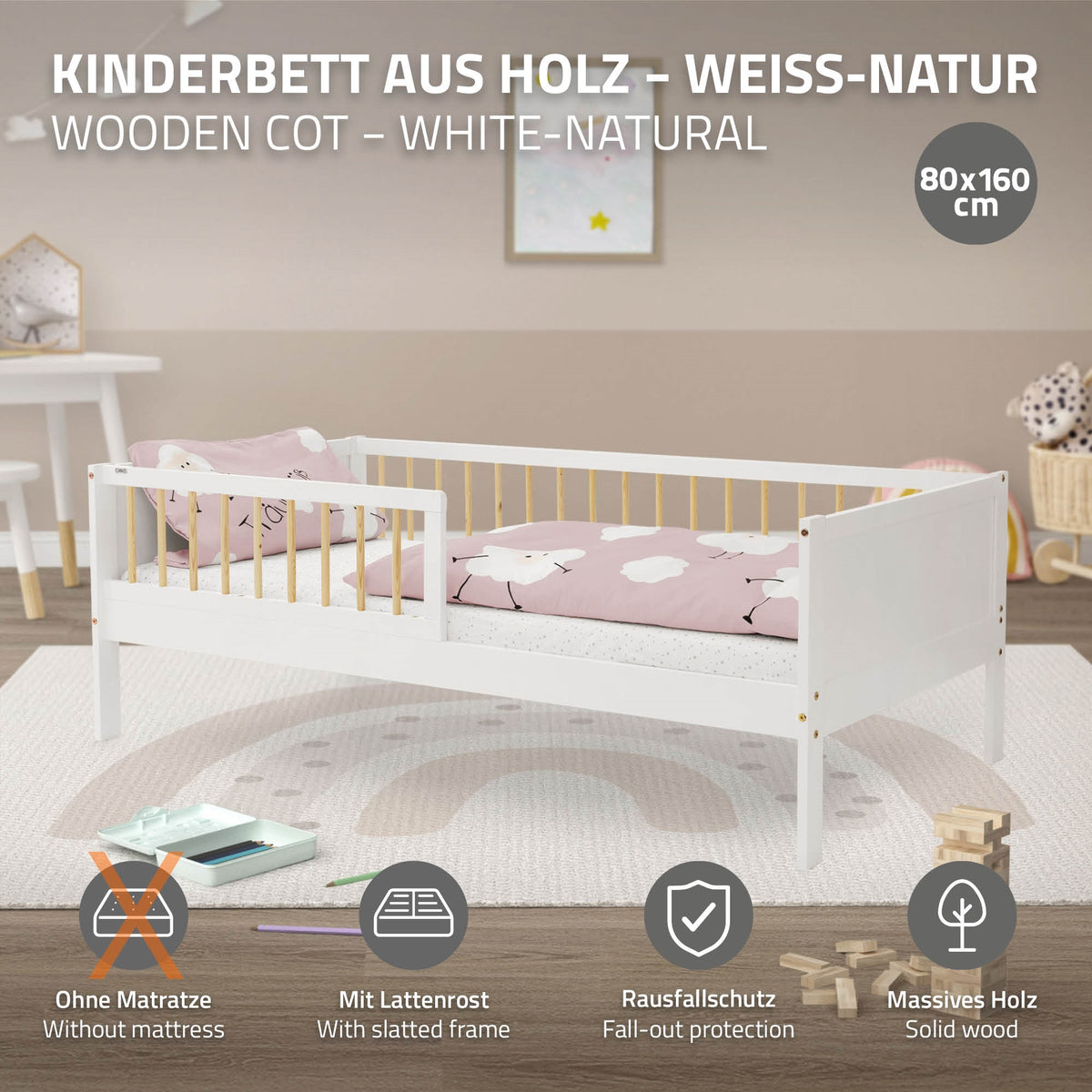 A white wooden children's bed with a pink pillow and no mattress.