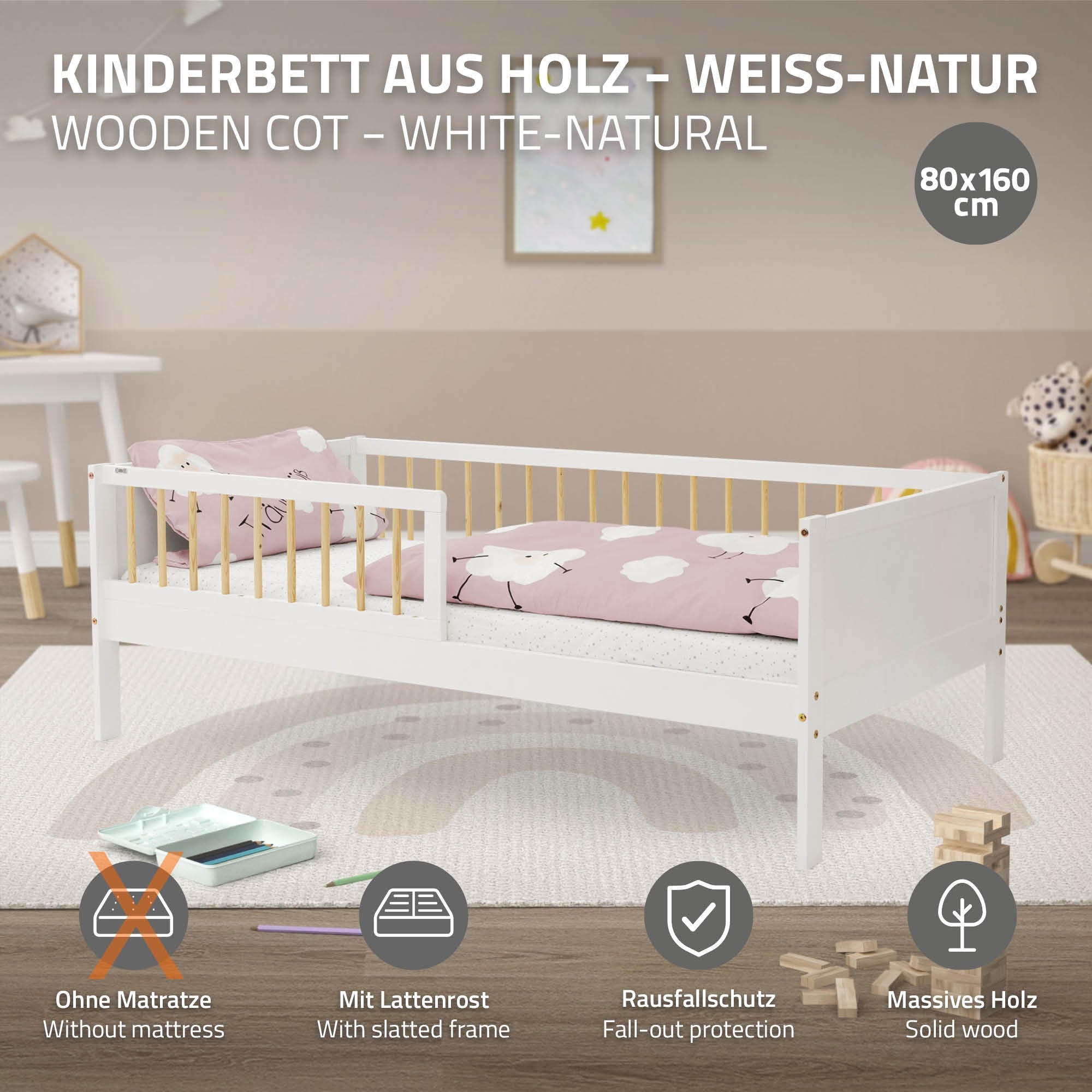 Ein weißes Kinderbett aus Holz mit einem rosa Kissen und ohne Matratze.