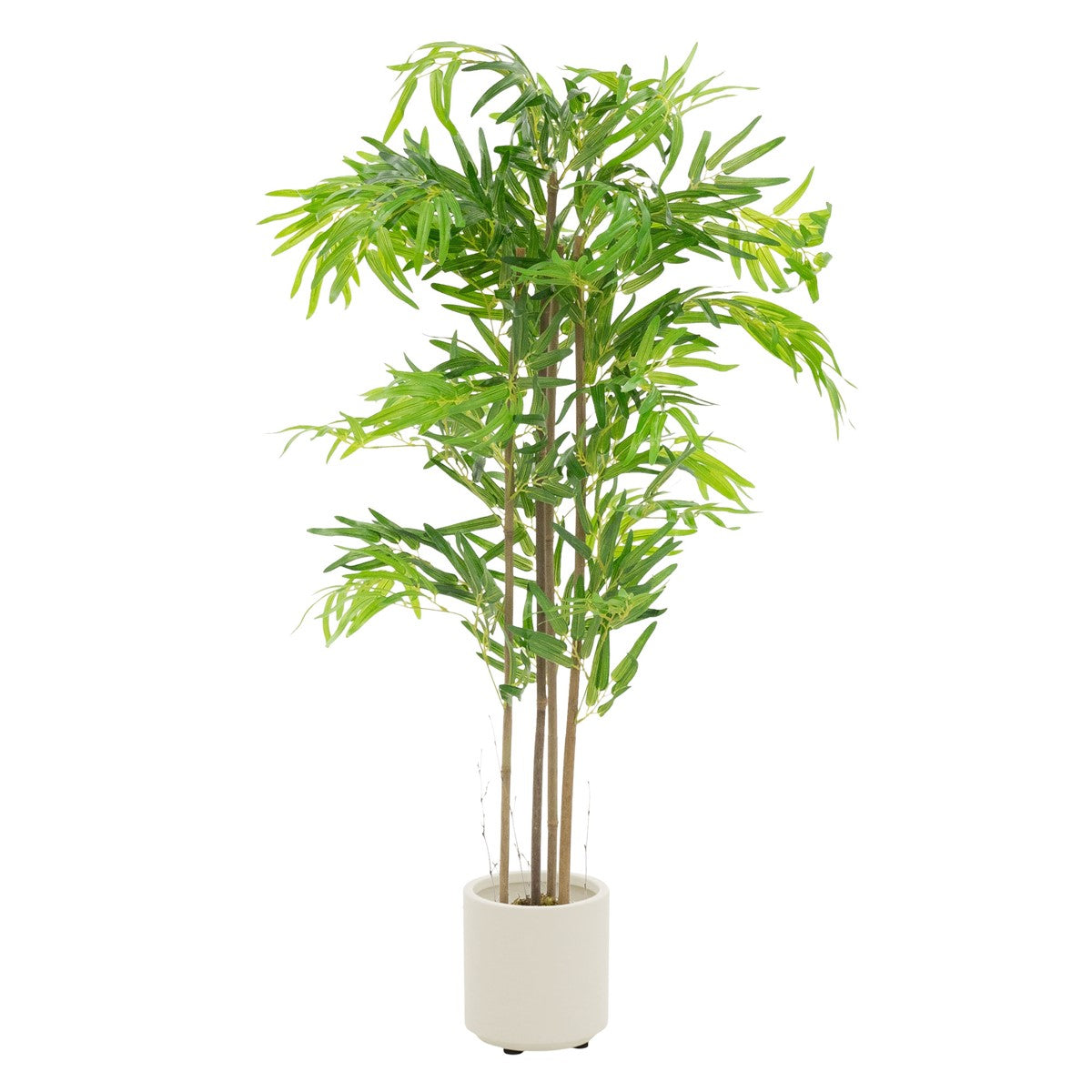 Planta artificial en una maceta blanca, hojas verdes, sobre un fondo blanco.