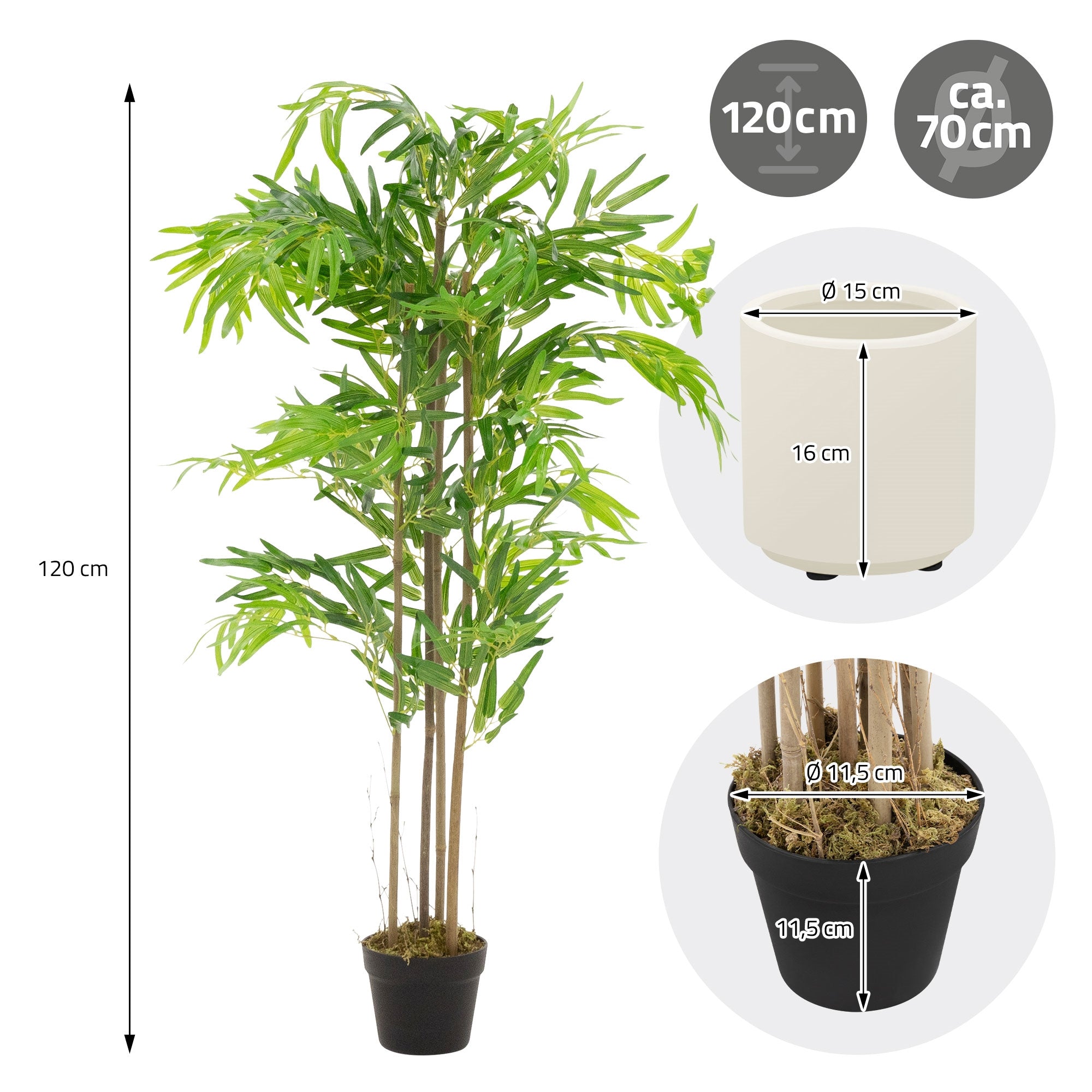 Dimensioni di una pianta artificiale con vaso, altezza 120 cm, diametro 15 cm.