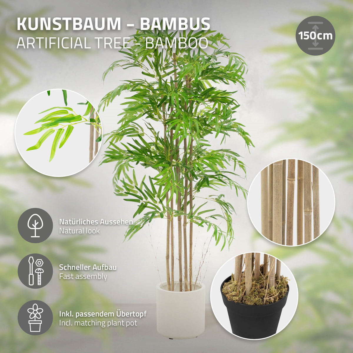 Kunstbaum aus Bambus, Höhe 150 cm, mit natürlichem Aussehen.