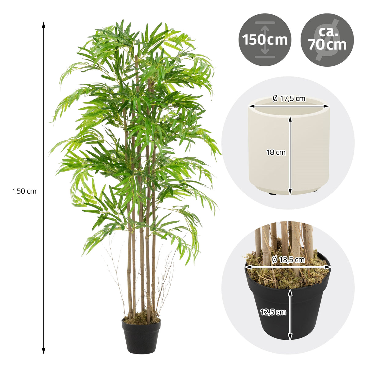 Kunstbaum aus Bambus, 150 cm hoch, mit Maßangaben und Topfdurchmesser.