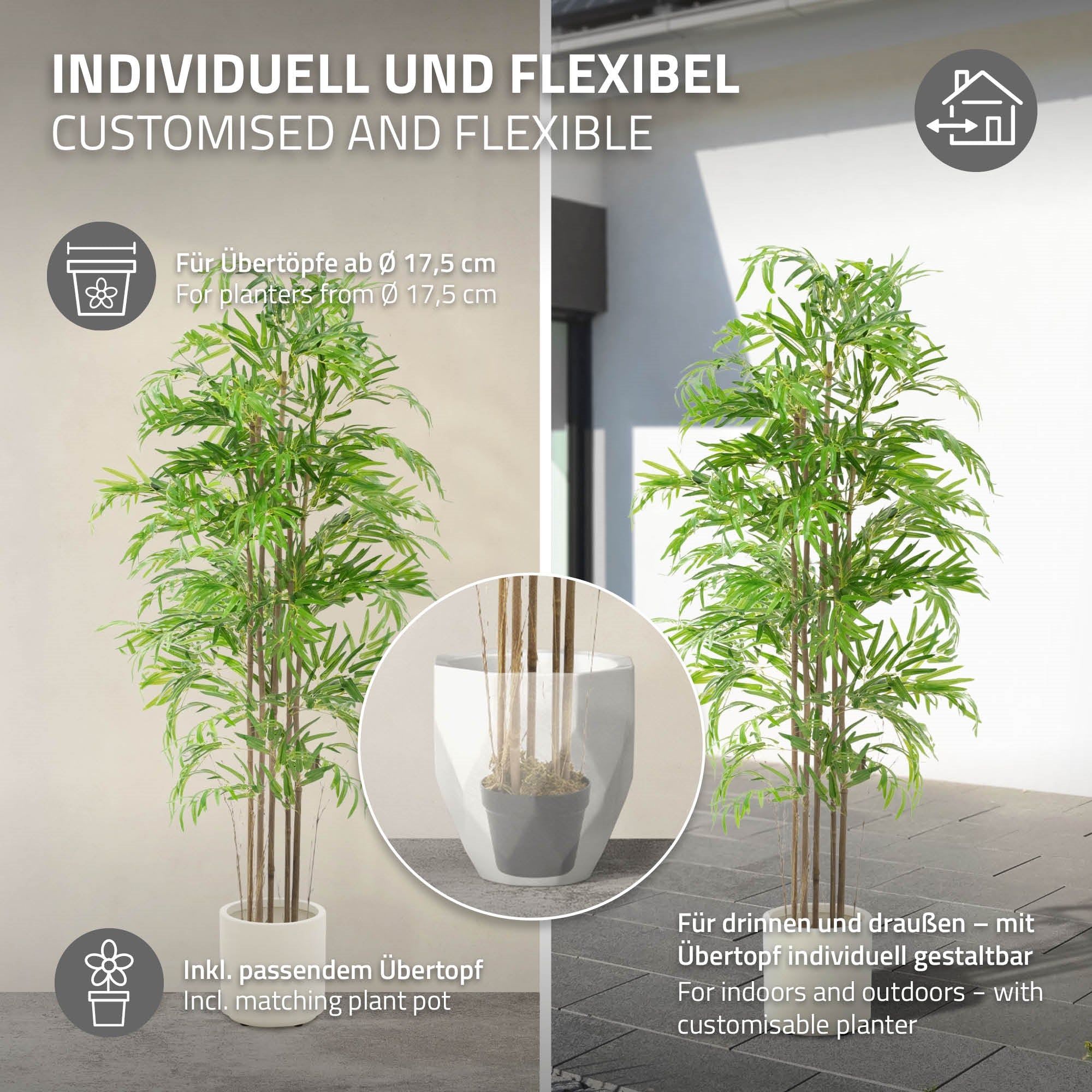 Pianta artificiale in un vaso bianco, per interni ed esterni.
