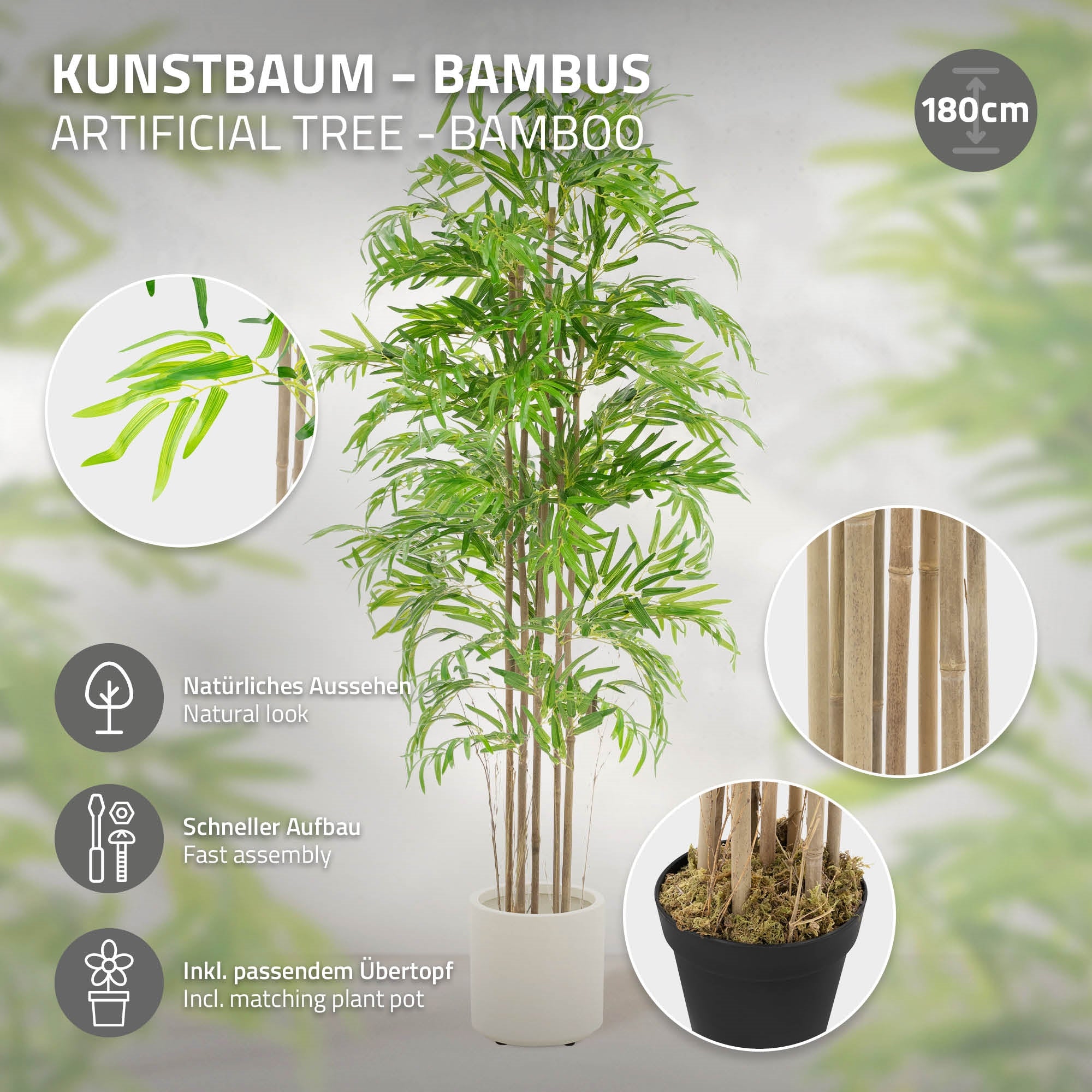 Kunstbaum aus Bambus in einem weißen Topf, 180 cm hoch.