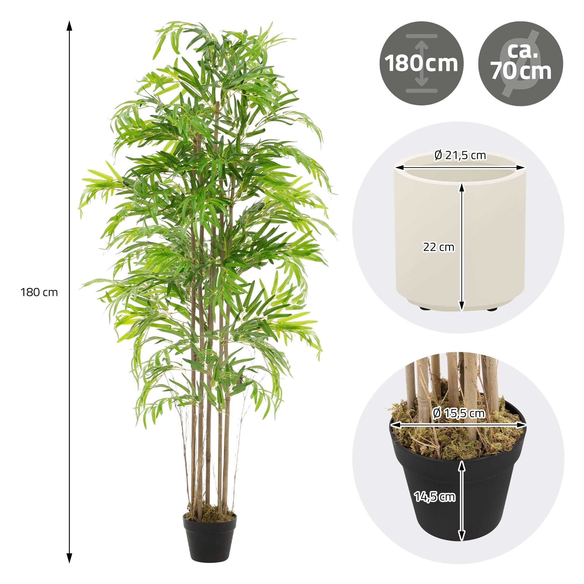 Pianta artificiale con foglie verdi, altezza 180 cm, diametro 21,5 cm.