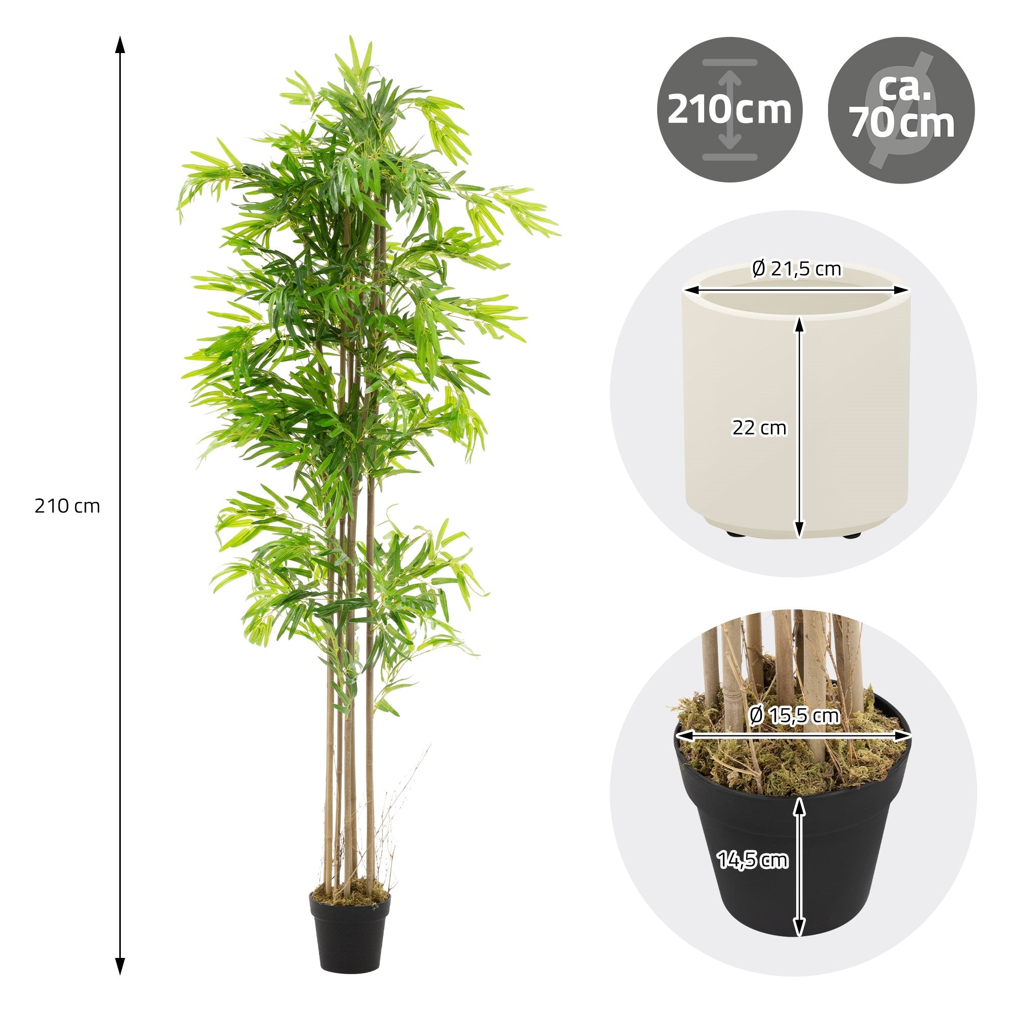 Kunstbaum in einem Topf, 210 cm hoch, mit Maßangaben und Topfdurchmesser.