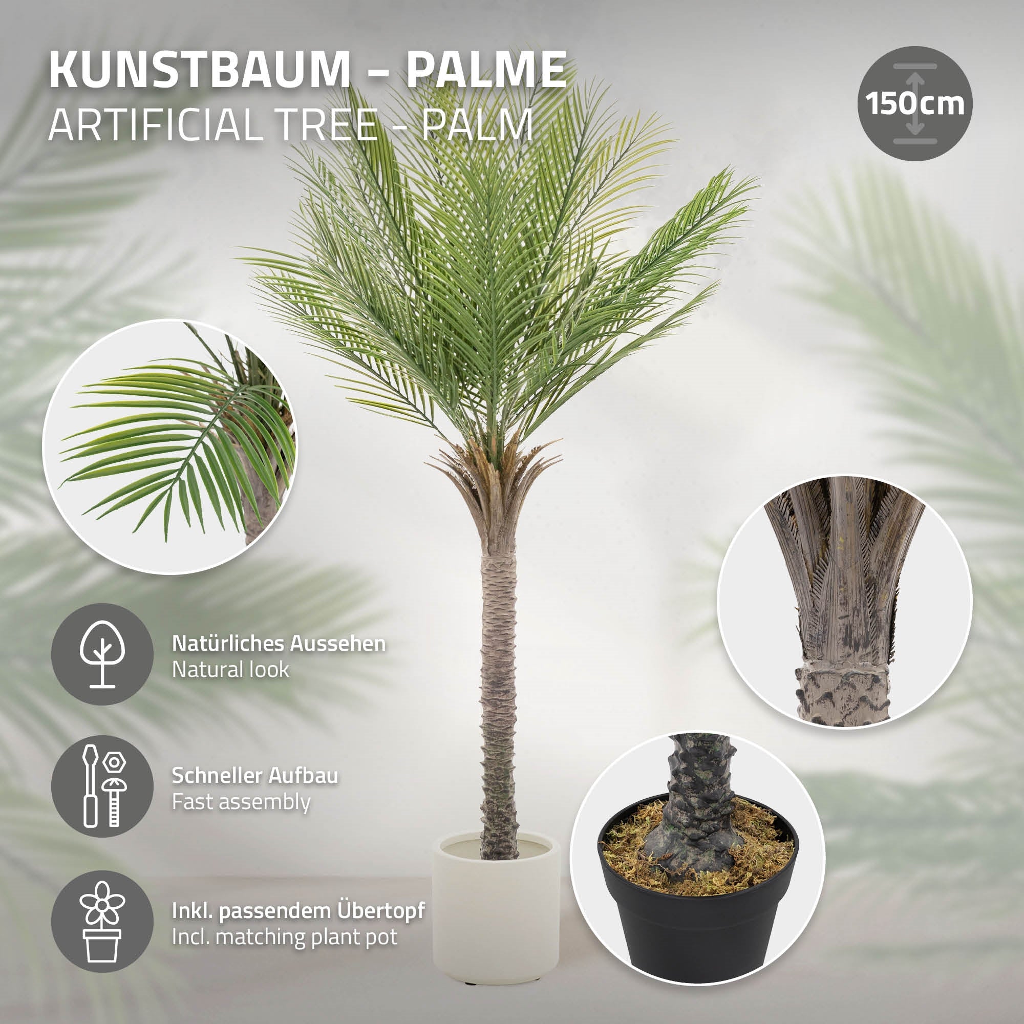Albero artificiale palma in un vaso, alto 150 cm, con foglie naturali.