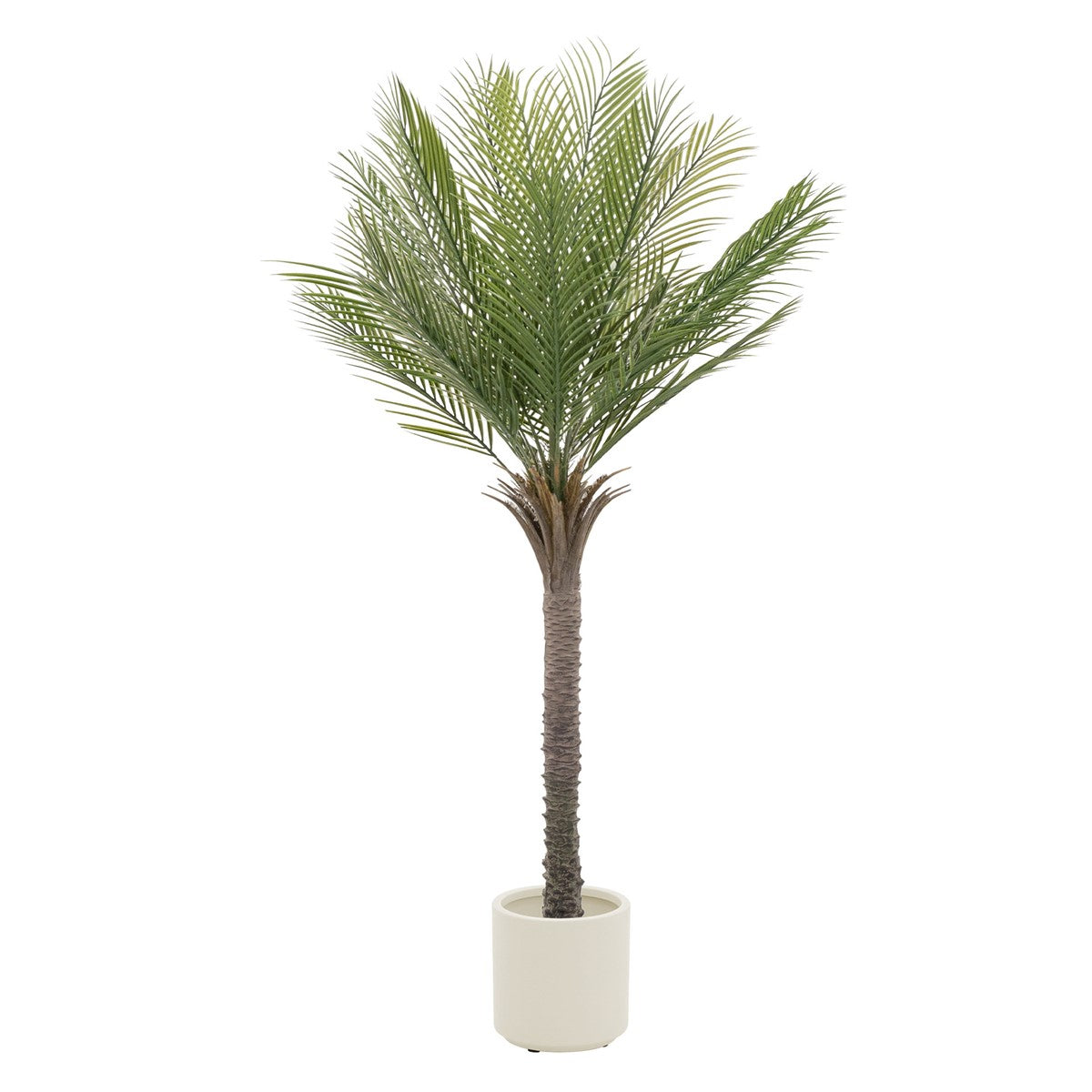 Artificial plant in a white pot, with long green leaves.