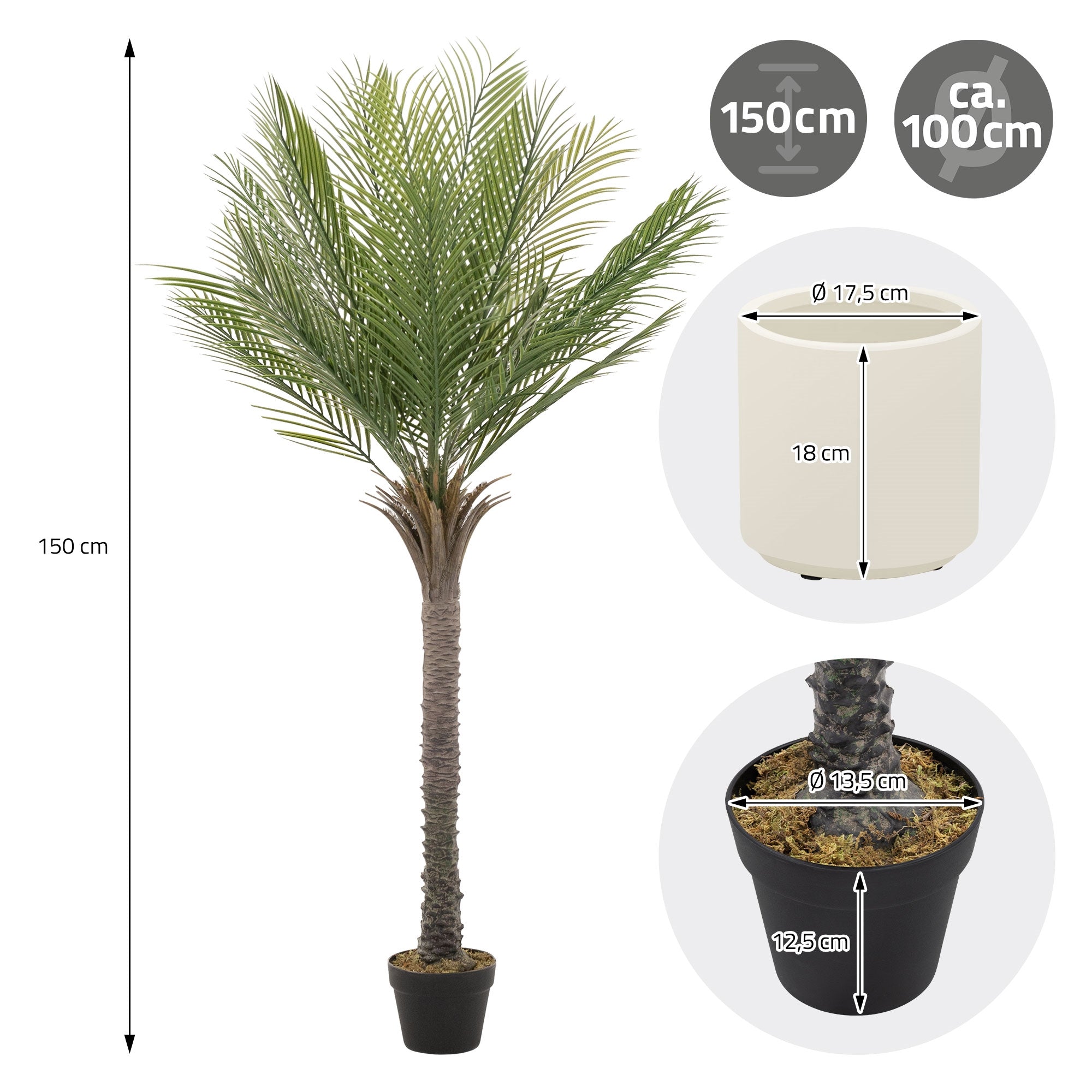 Misure di una pianta artificiale con vaso e altezza di 150 cm.