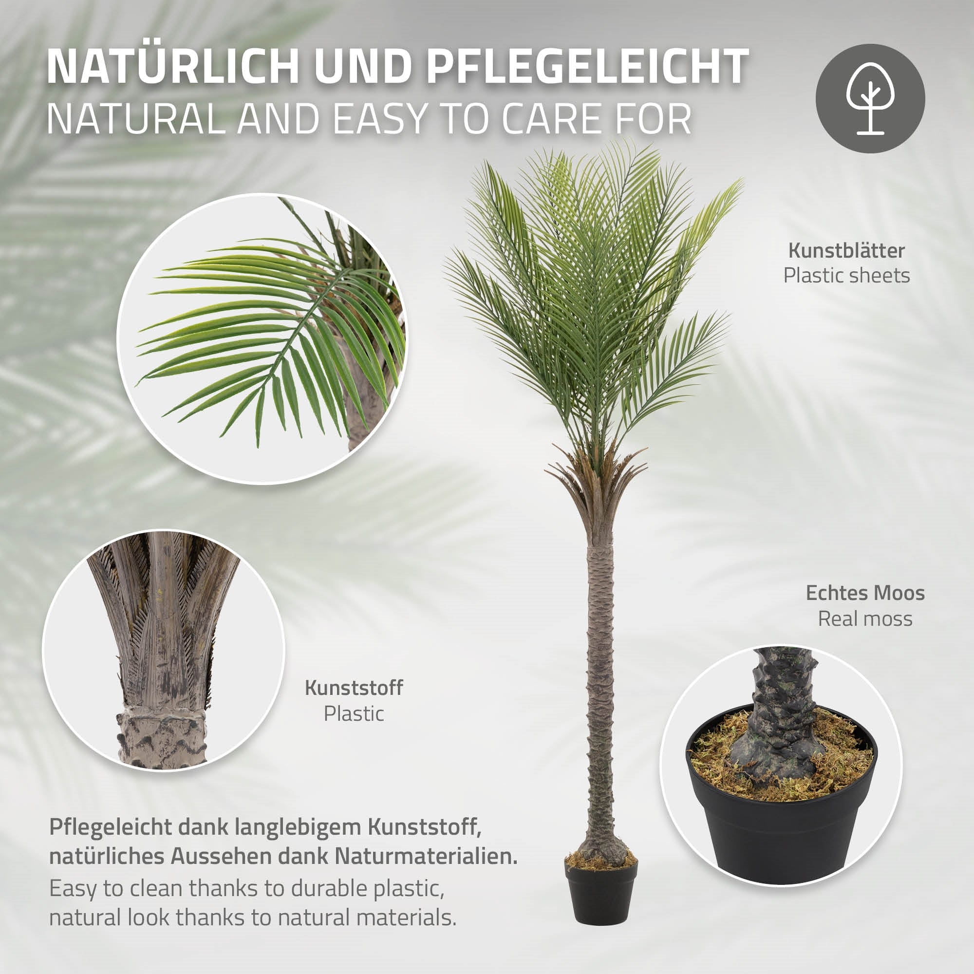 Primo piano di un albero artificiale con etichette sui materiali come plastica e muschio.