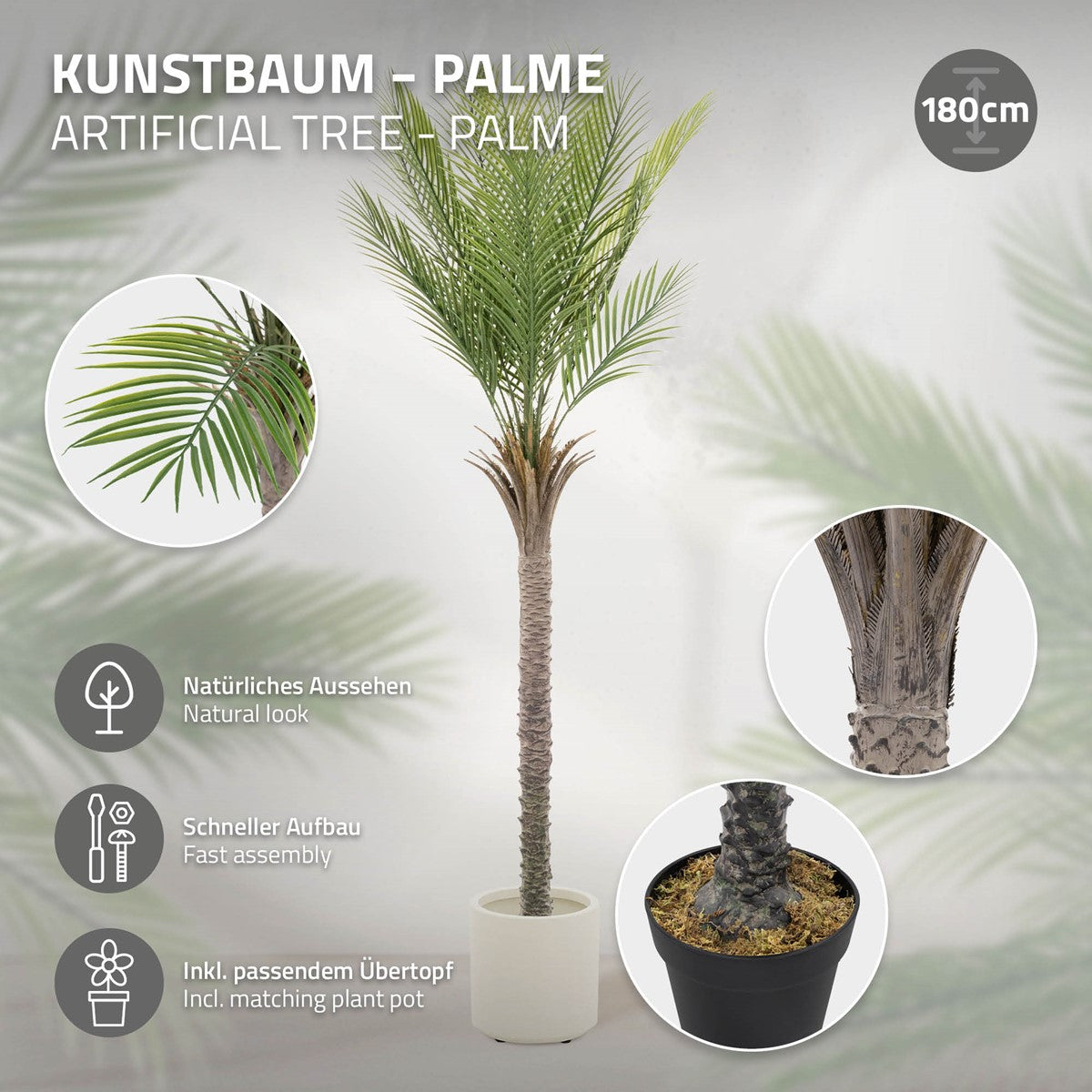 Kunstig palme med et naturligt udseende, hurtig opsætning, inkl. skjuler.