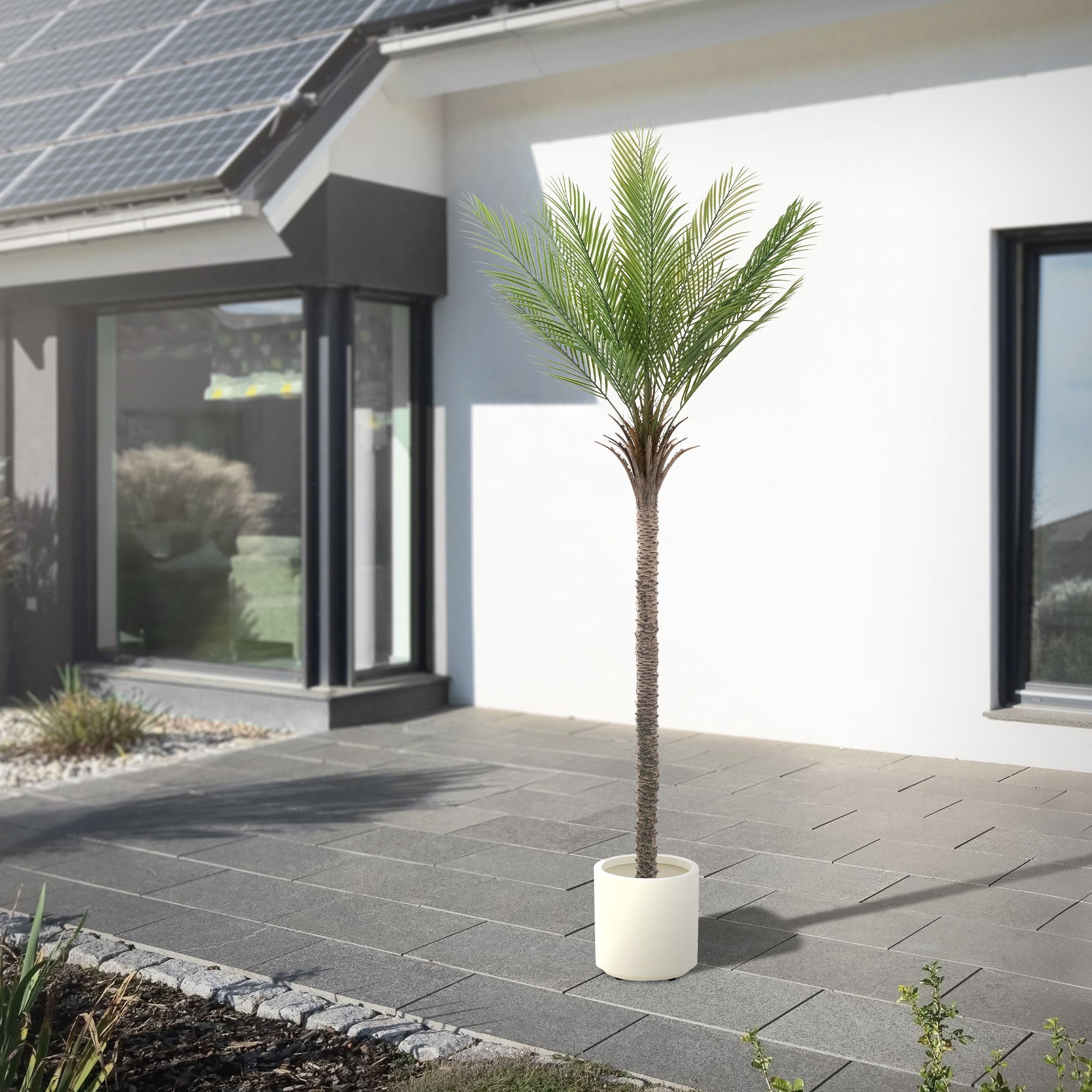 Un alto albero artificiale in un vaso bianco davanti a una casa moderna con pannelli solari.