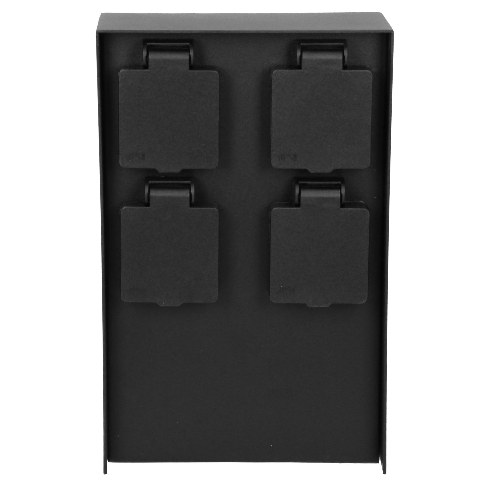 Schwarze Wandhalterung mit vier quadratischen Fächern.