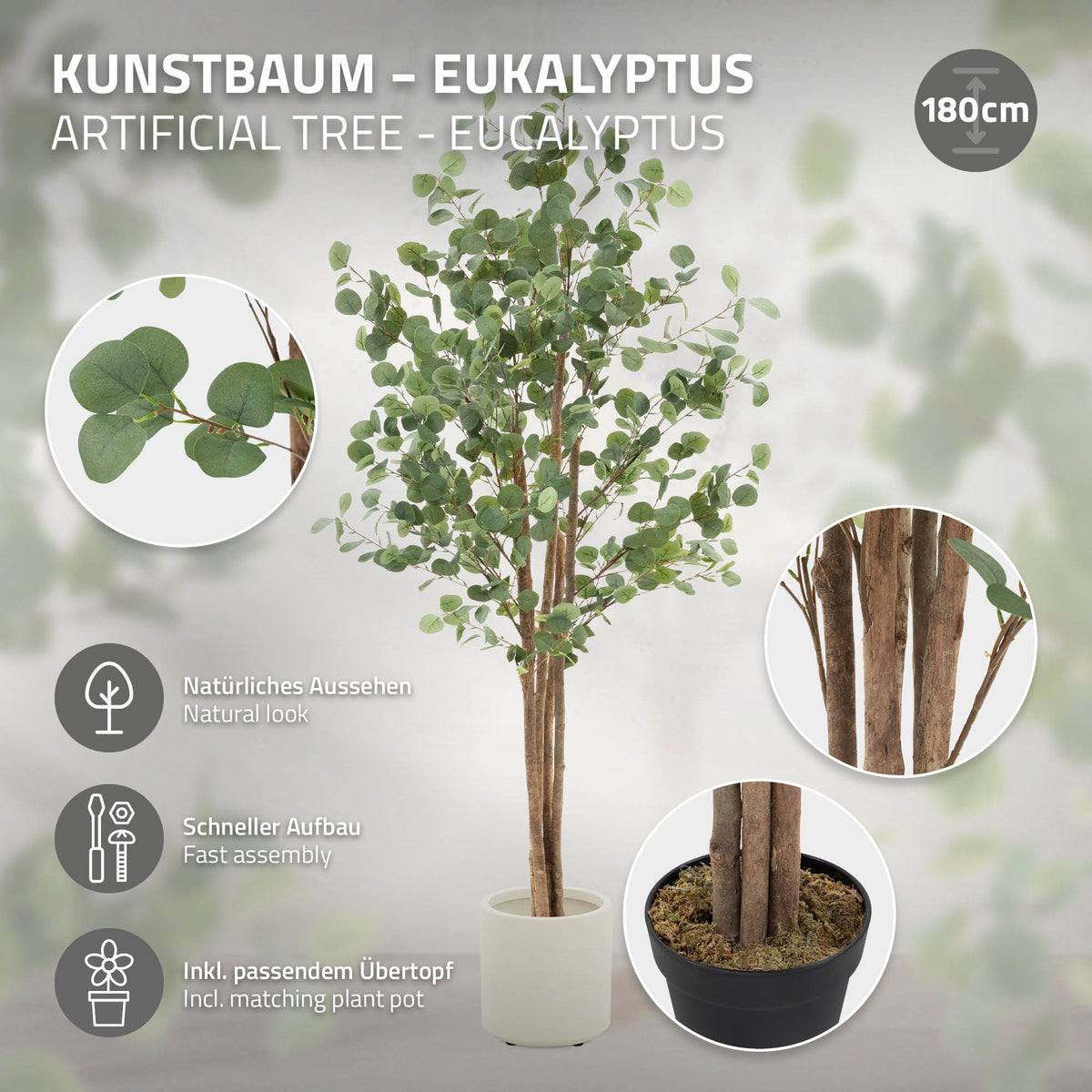 Umělý eukalyptus v bílém květináči, s informacemi o konstrukci a vzhledu.