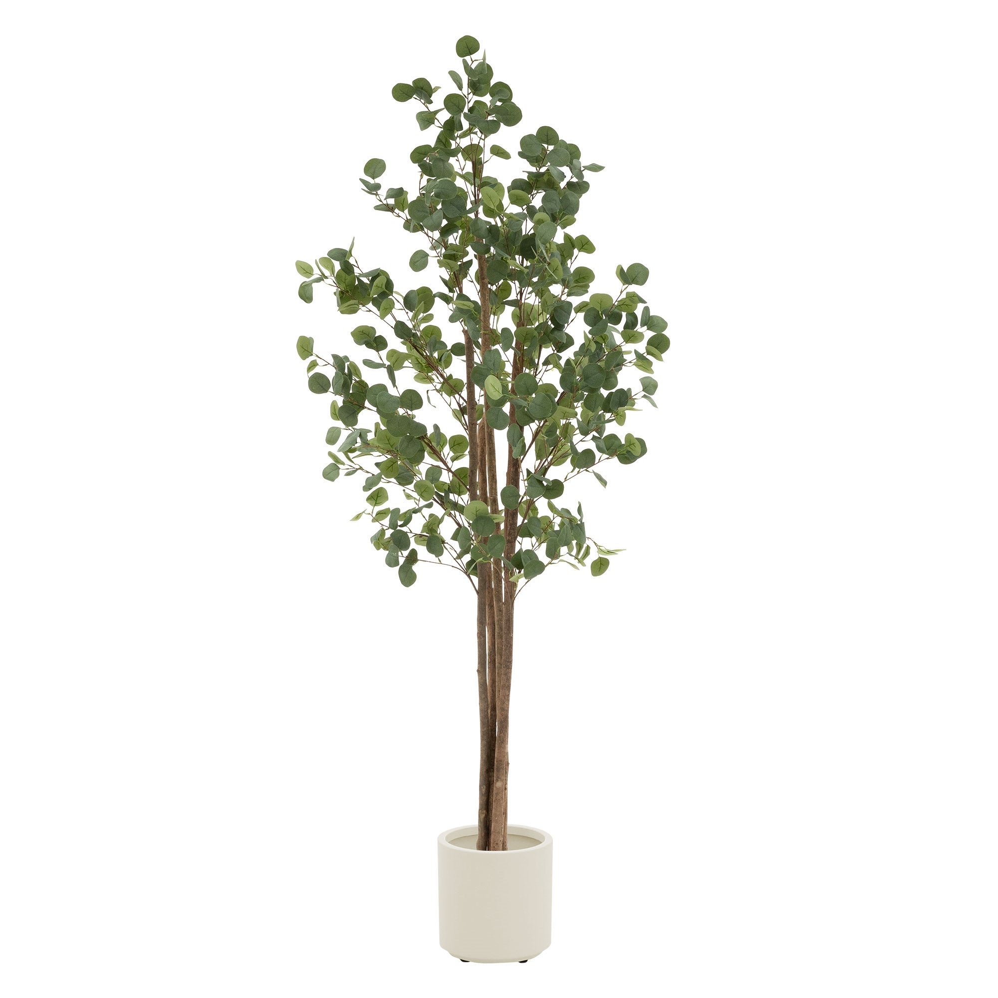 Taidepuu vihreillä lehdillä valkoisessa ruukussa.