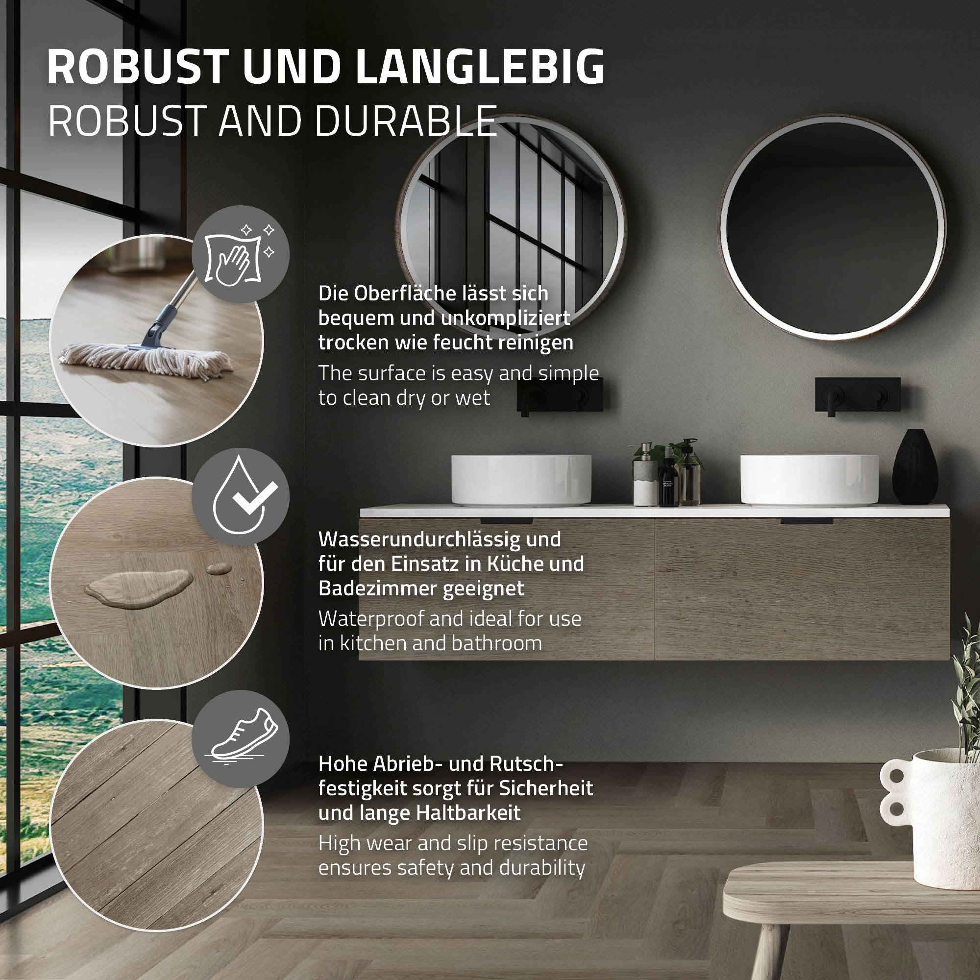 Robuster und langlebiger Vinylboden mit Wasser- und Rutschfestigkeit.