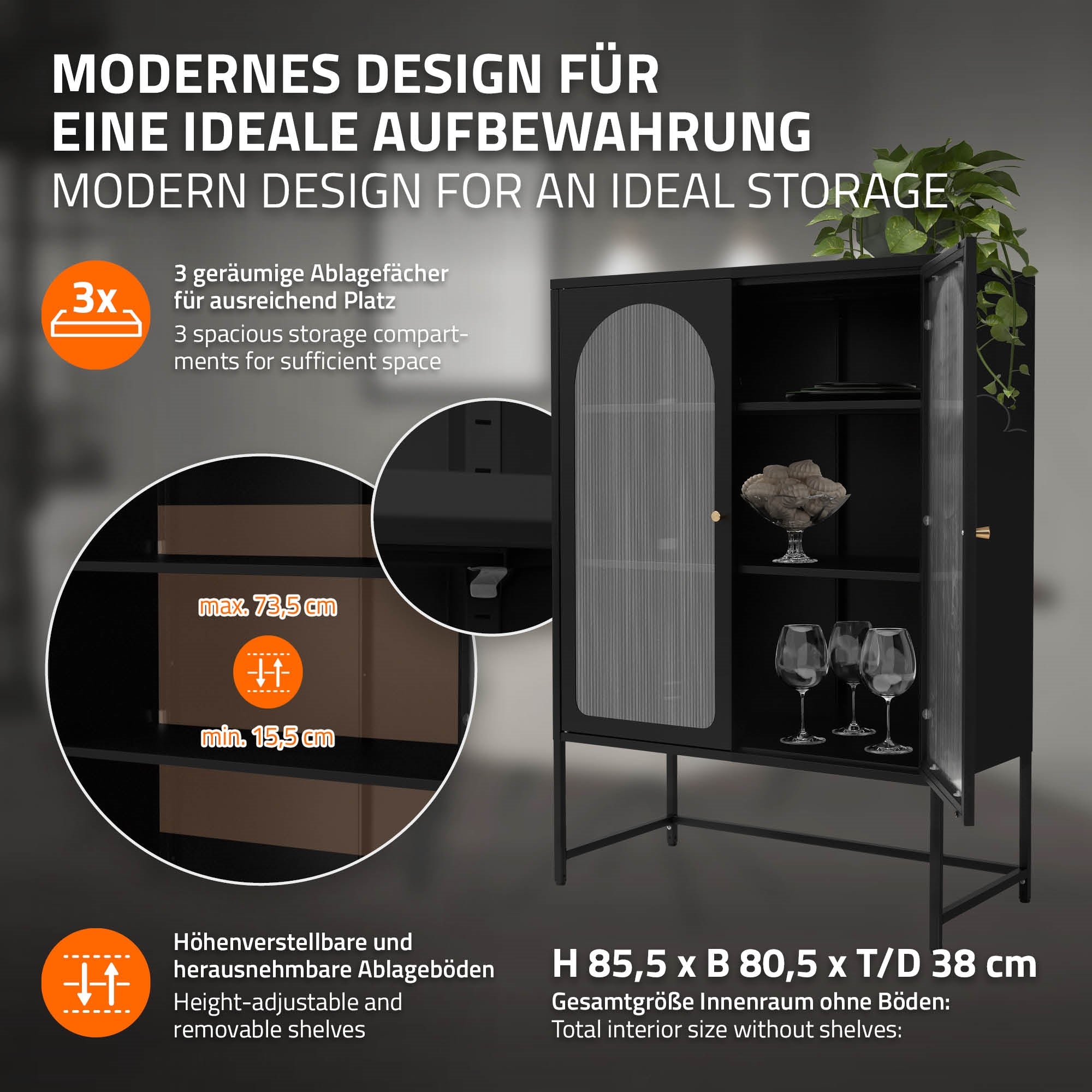 Grafik mit Informationen zu einem modernen Aufbewahrungsschrank.