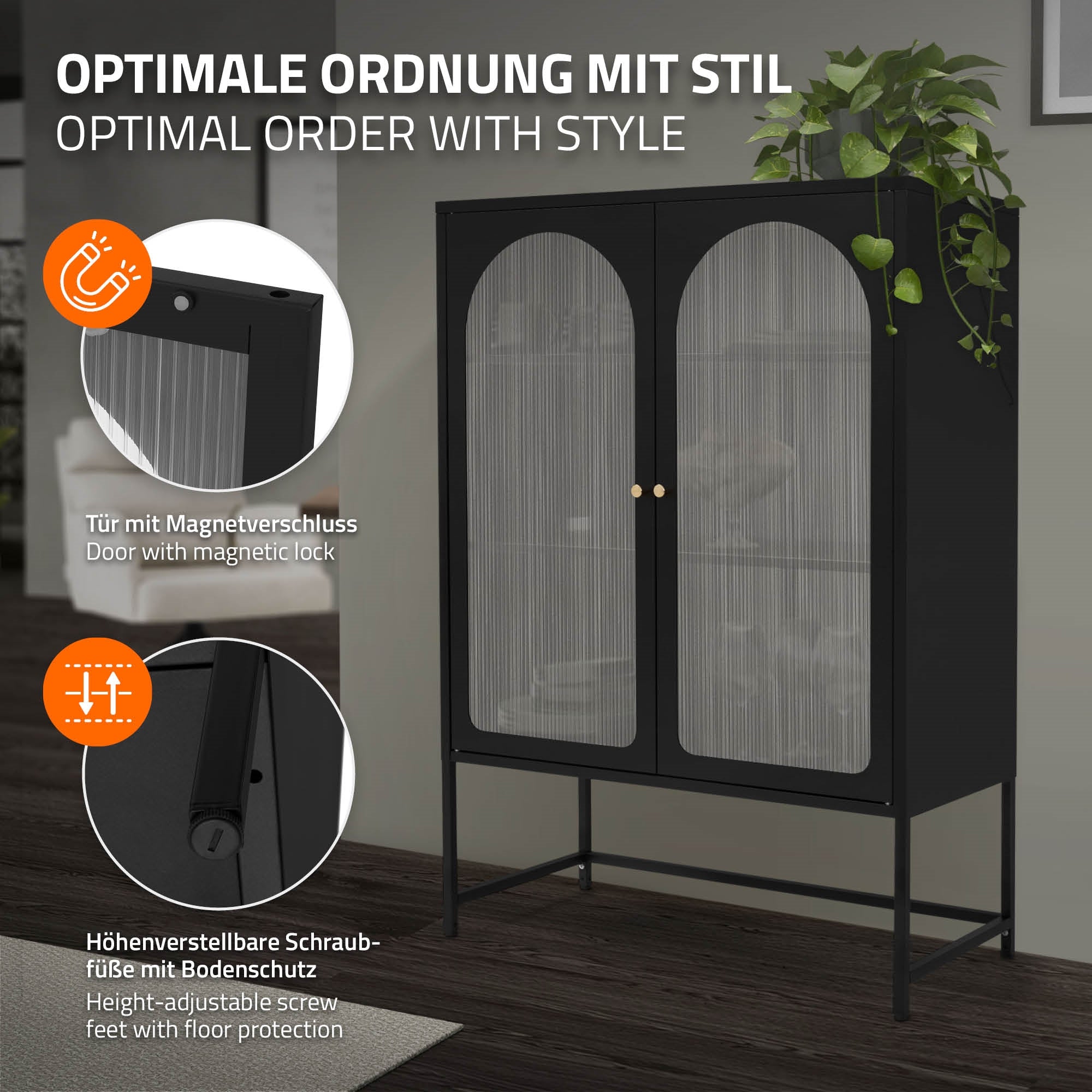 Schwarze Vitrine mit zwei Türen, höhenverstellbaren Füßen und Pflanzen.