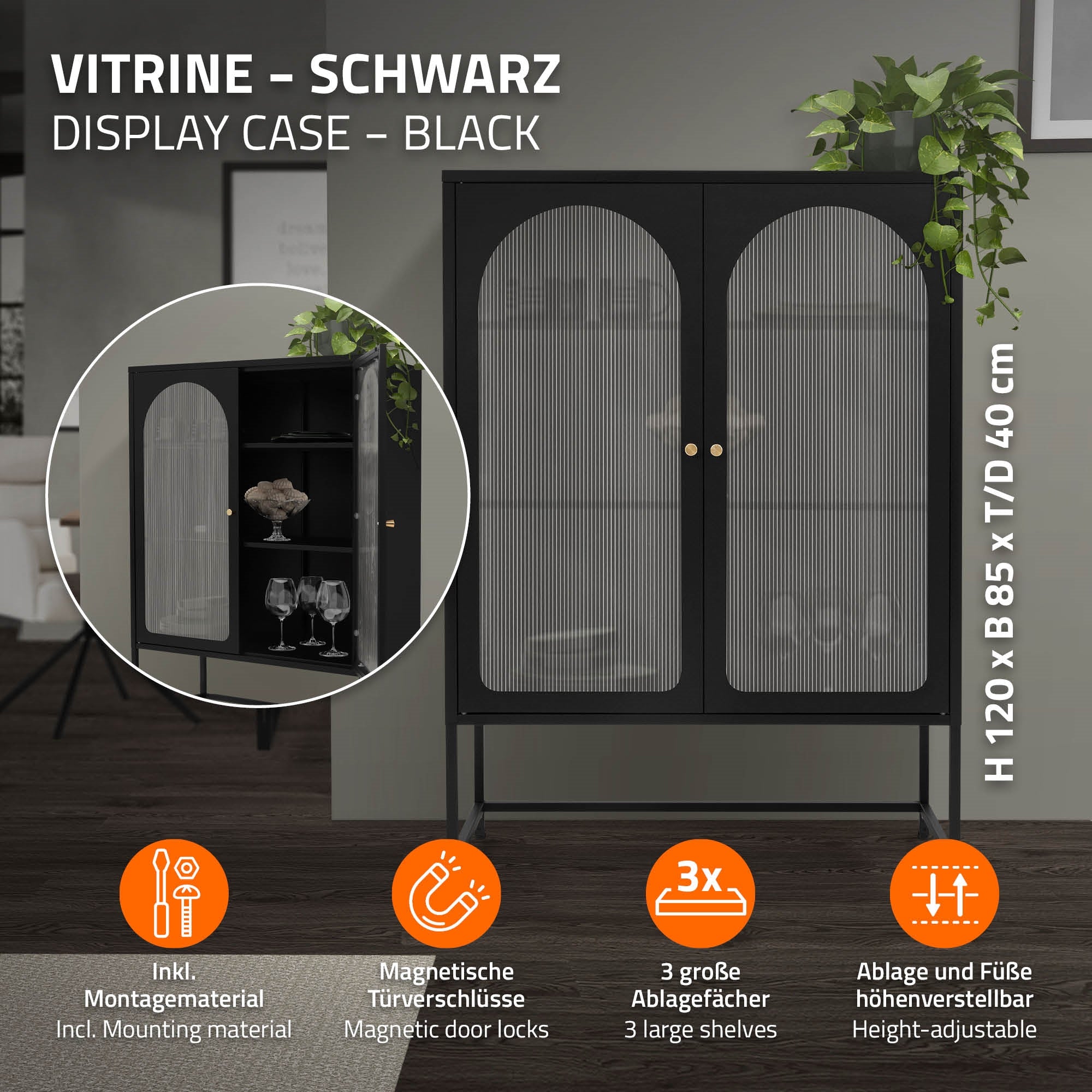 Schwarze Vitrine mit zwei Türen und drei Regalen, Höhe 120 cm, Breite 85 cm, Tiefe 40 cm.