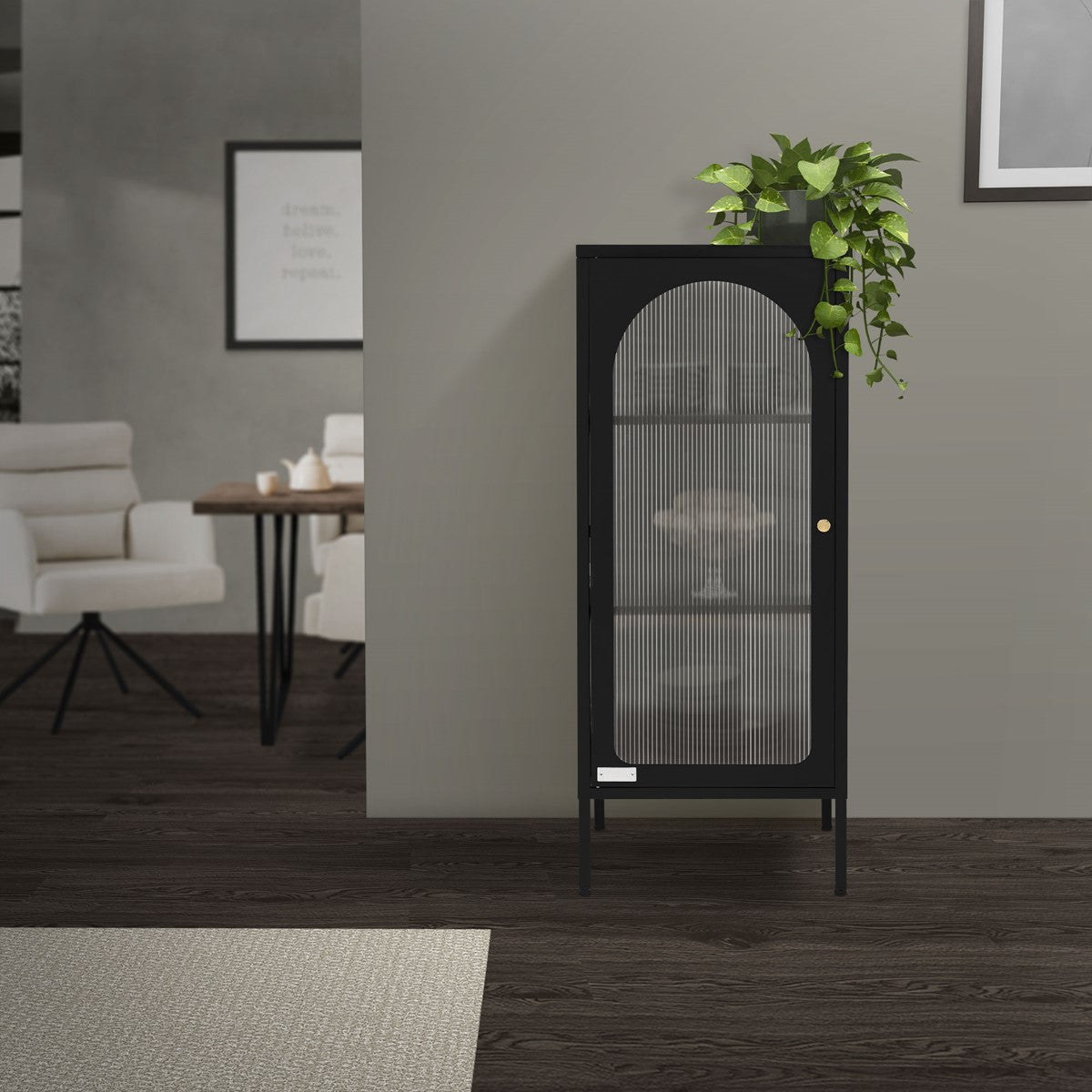 Armoire noire avec des plantes dans une pièce moderne avec un parquet en bois.