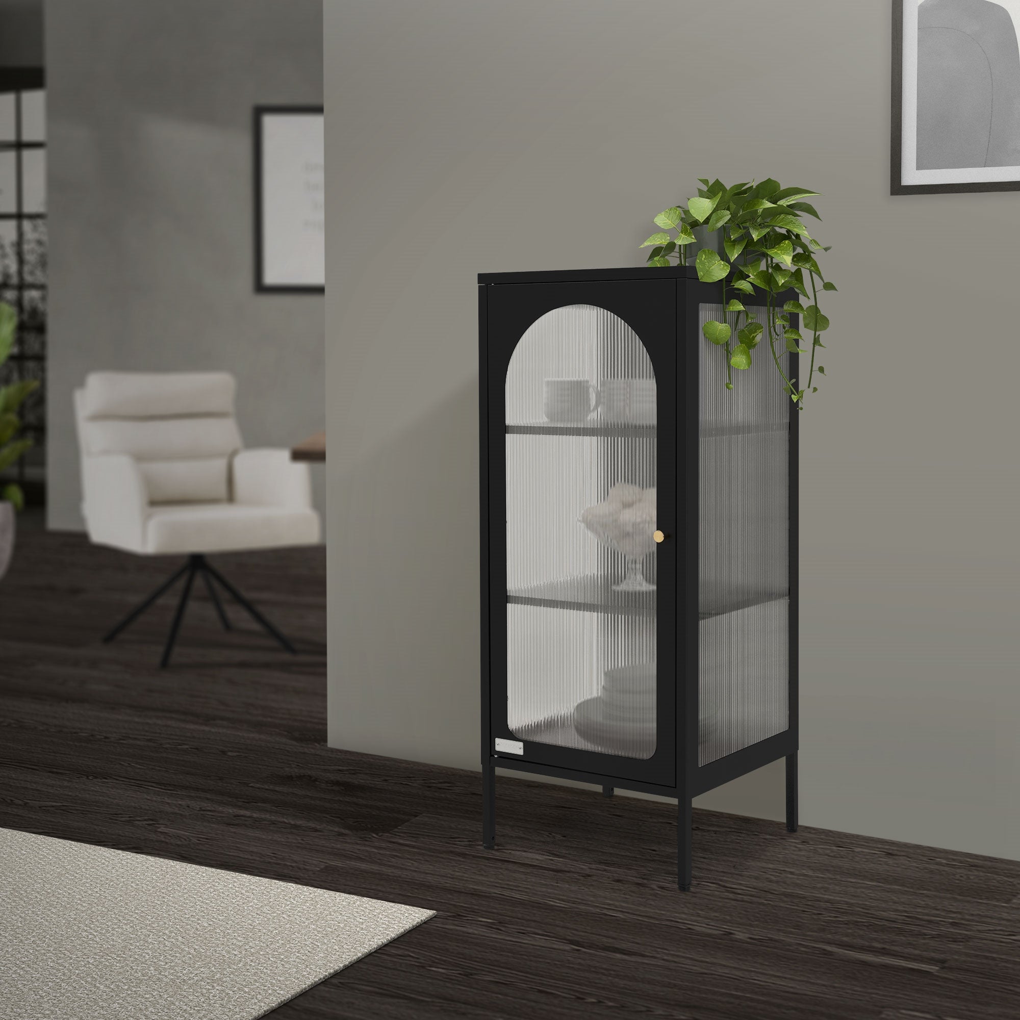 Armoire noire avec des plantes, dans une pièce moderne avec un sol en bois.