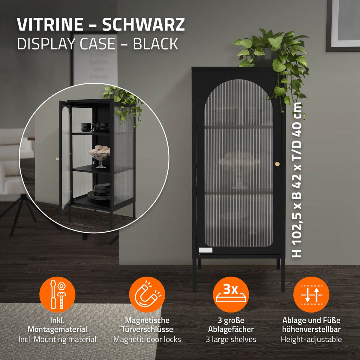 Vitrine noire avec trois étagères et des plantes sur le dessus.
