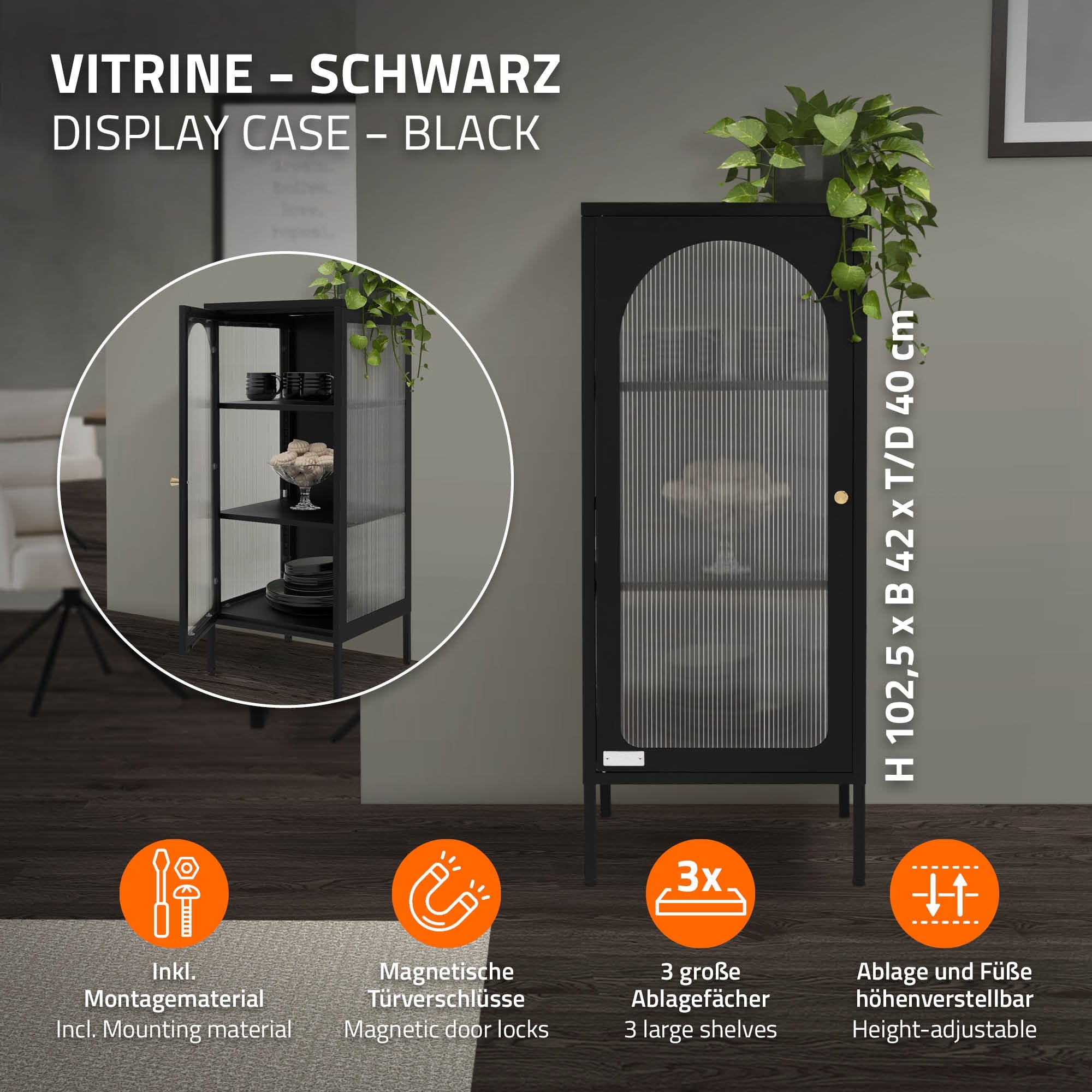 Schwarze Vitrine mit drei Regalen und Pflanzen auf der Oberseite.